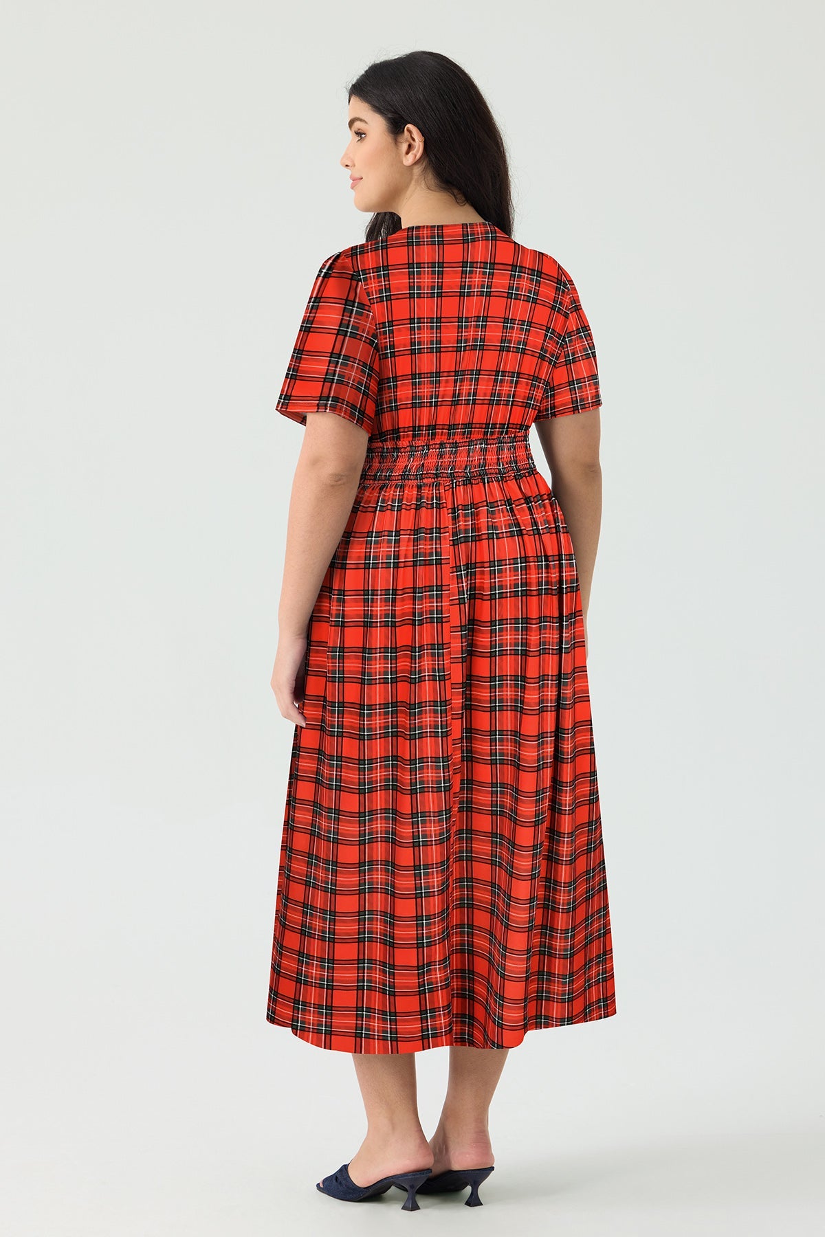 Geometric Print Smocked Waist V-Neck Midi Dress