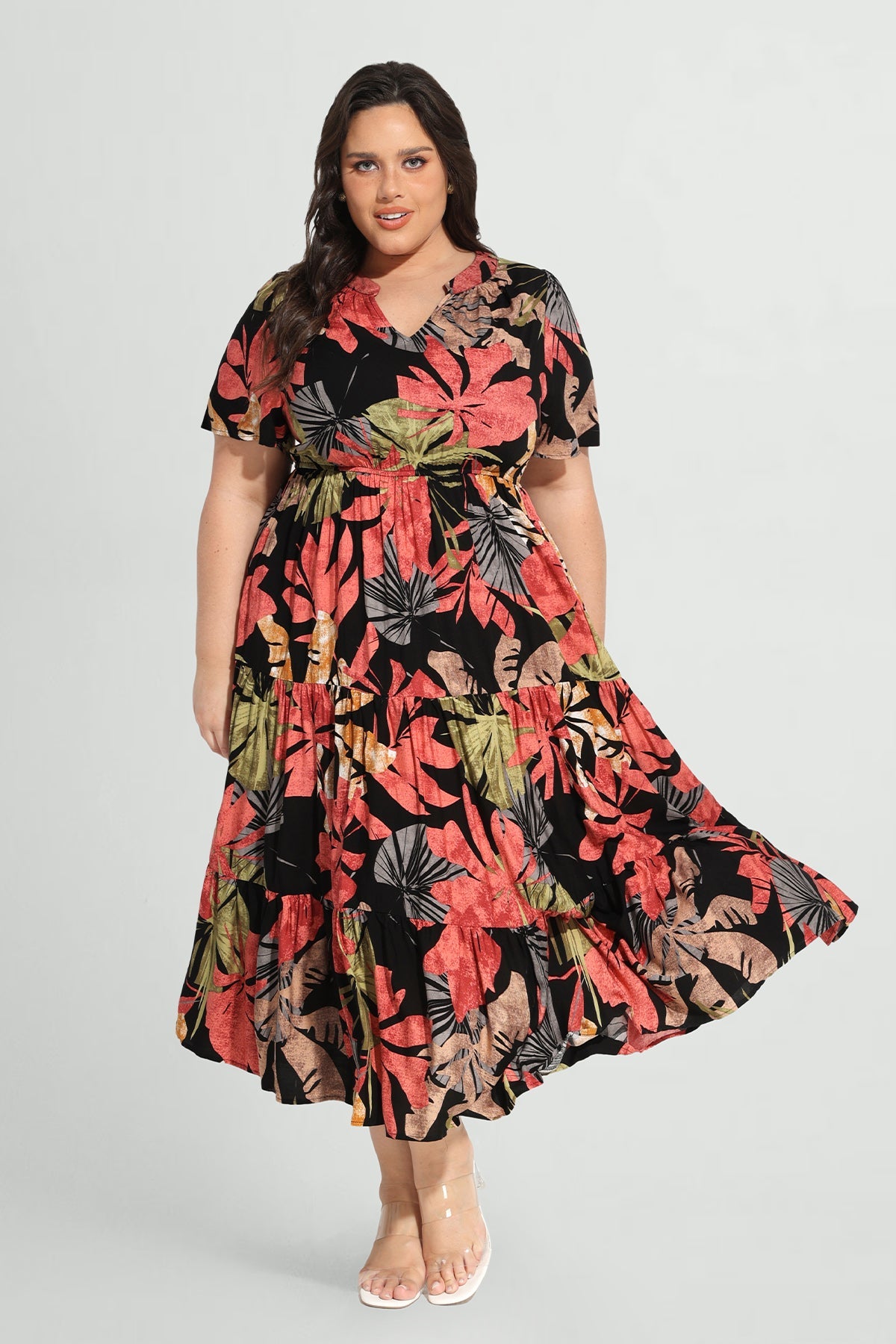 Pockets Elastic Boho Floral Midi Dress