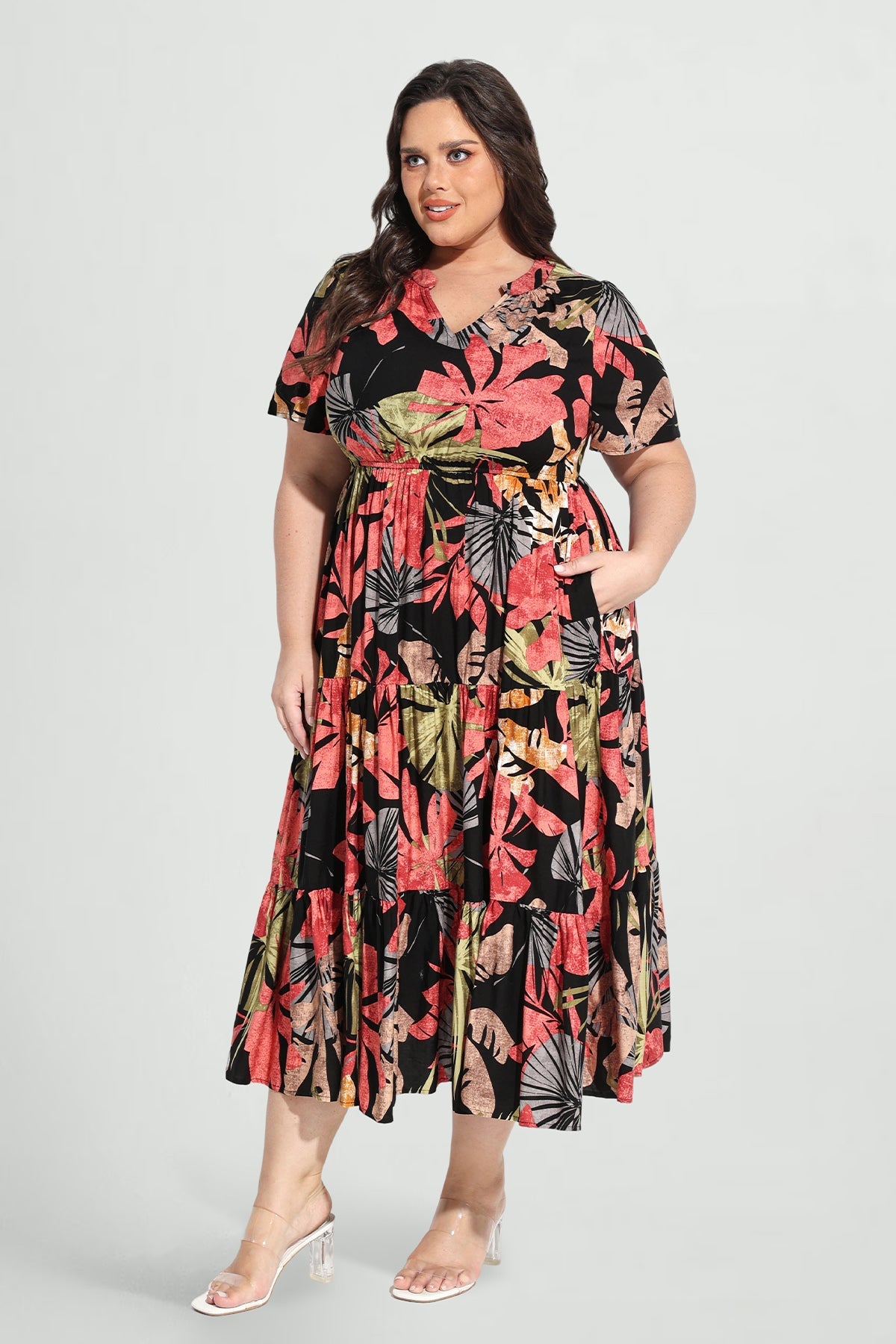 Pockets Elastic Striped Midi Dress