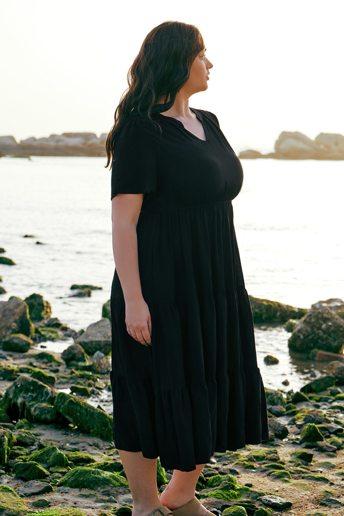 Pockets Elastic Striped Midi Dress