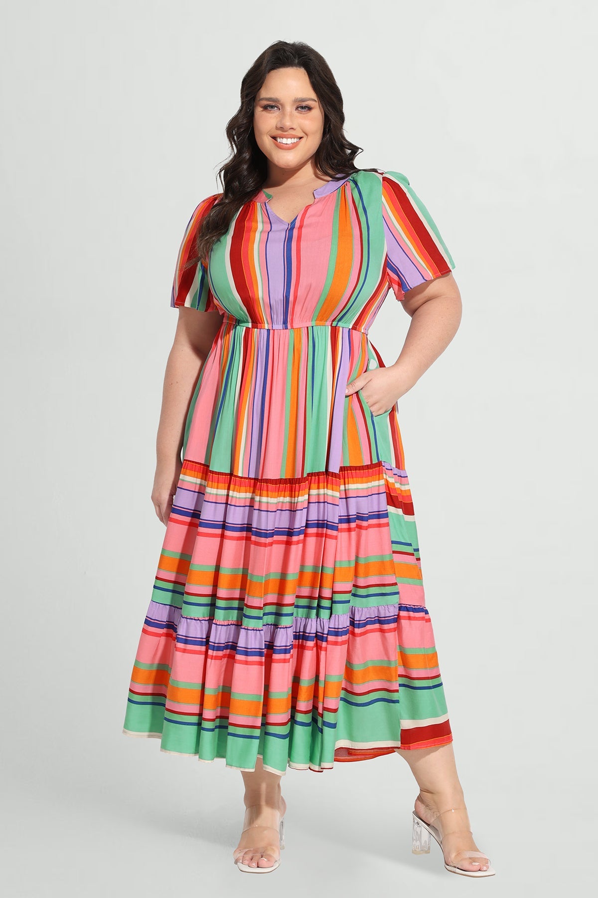 Pockets Elastic Striped Midi Dress