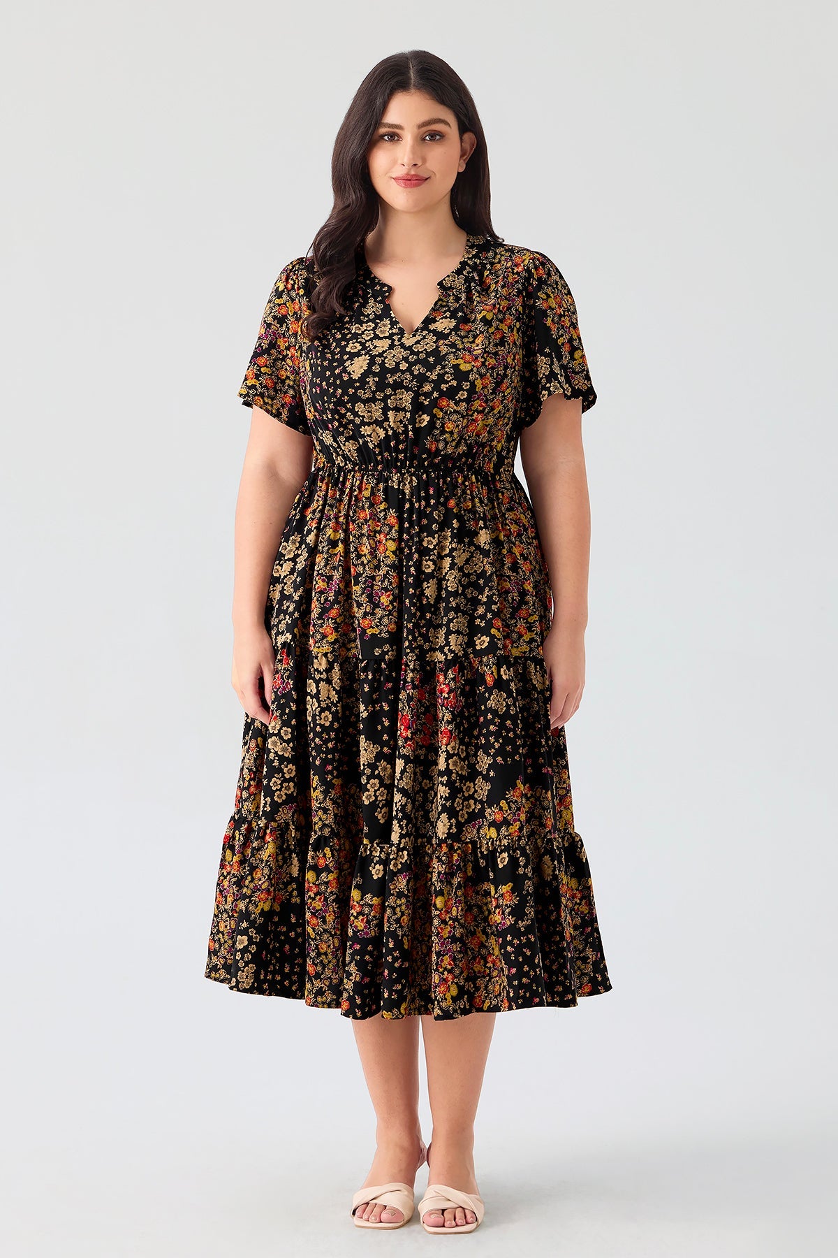 Pockets Elastic Boho Floral Midi Dress