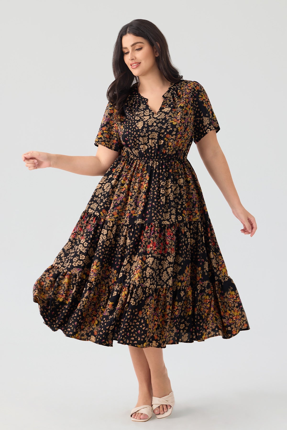 Pockets Elastic Floral Midi Dress
