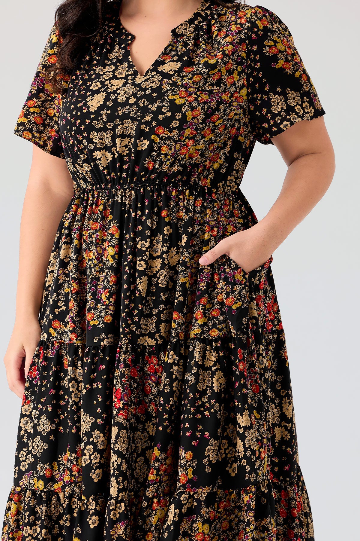 Pockets Elastic Boho Floral Midi Dress