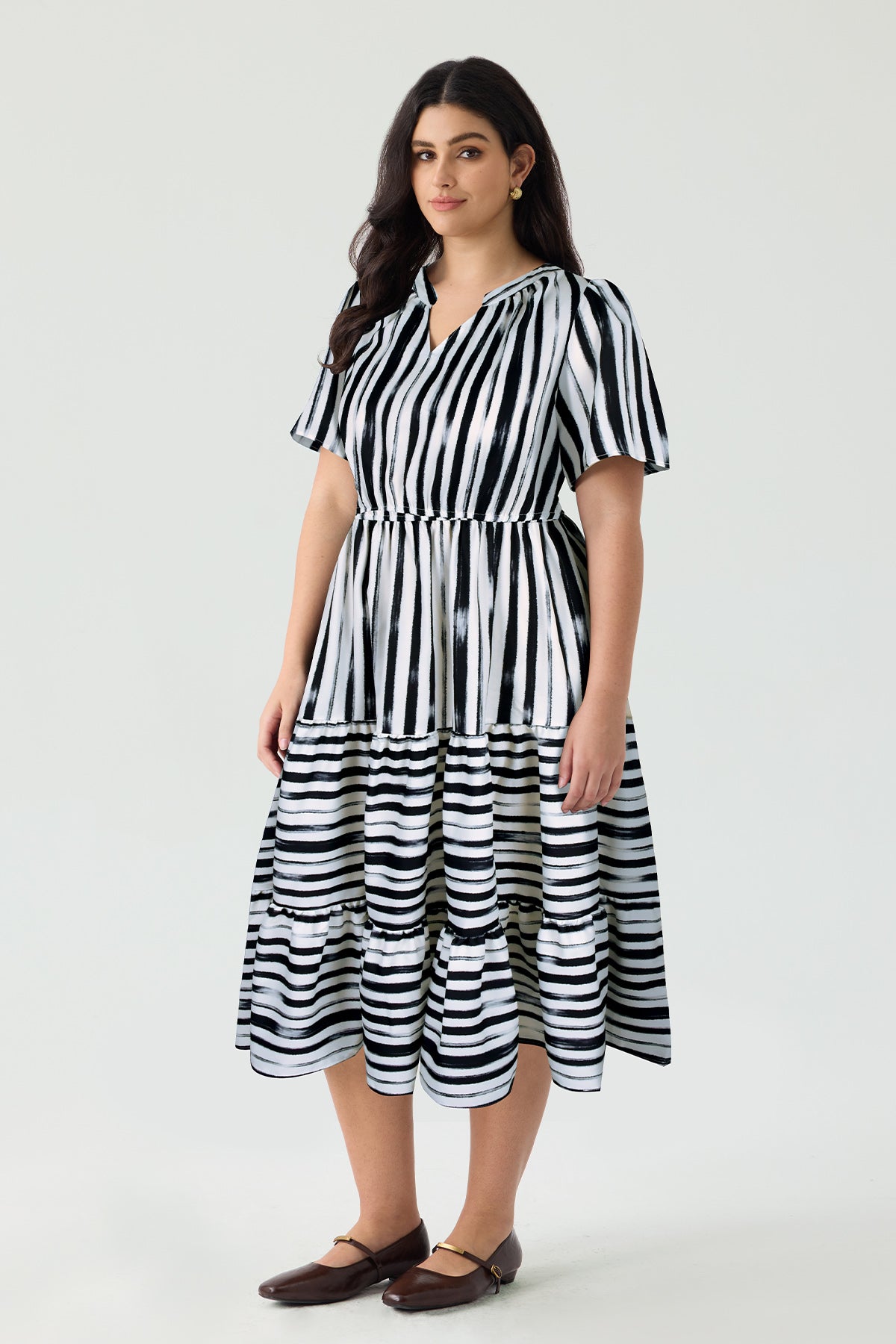 Pockets Elastic Striped Midi Dress