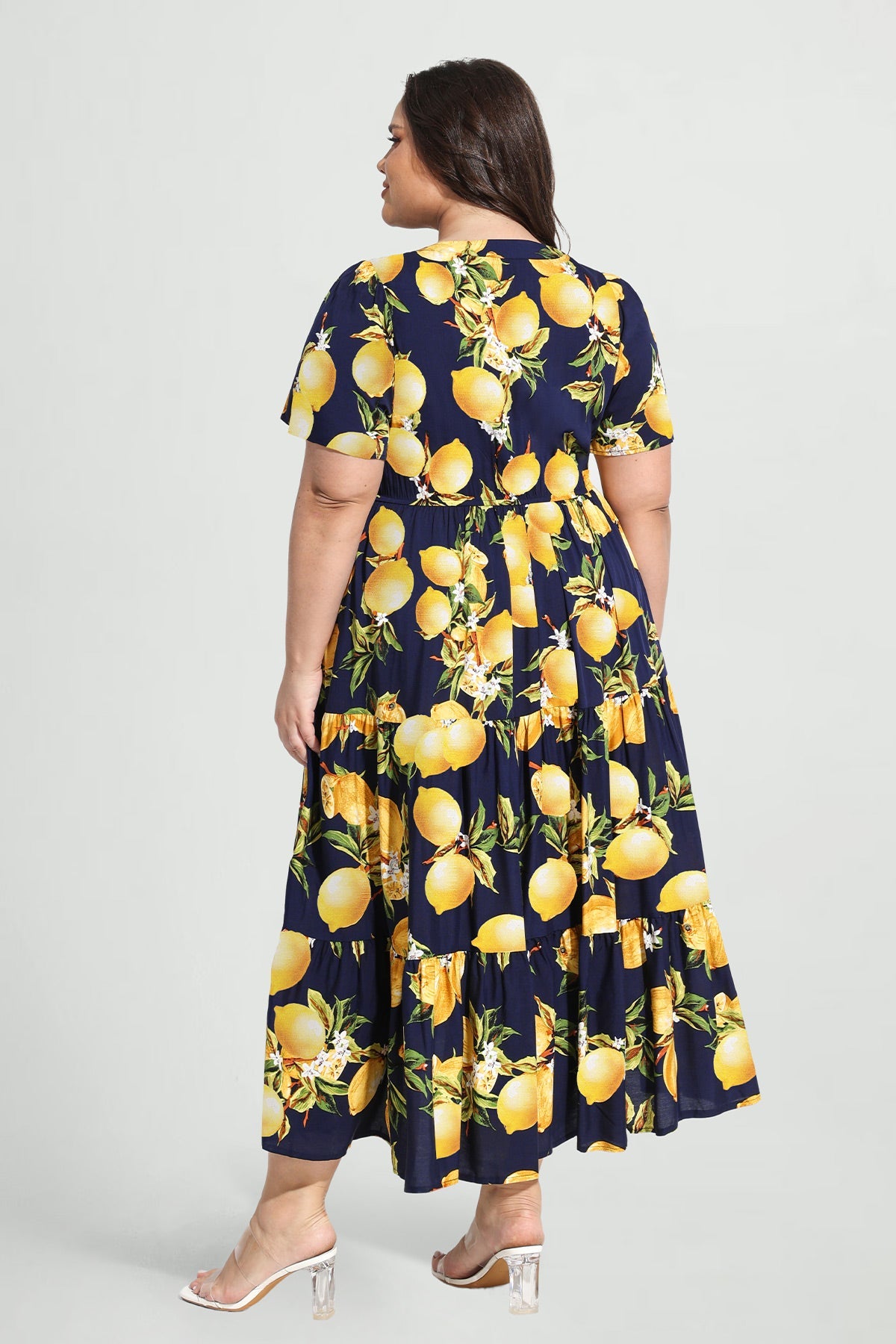 Ritera Pockets Tropical Lemon A-line Tiered Midi Dress