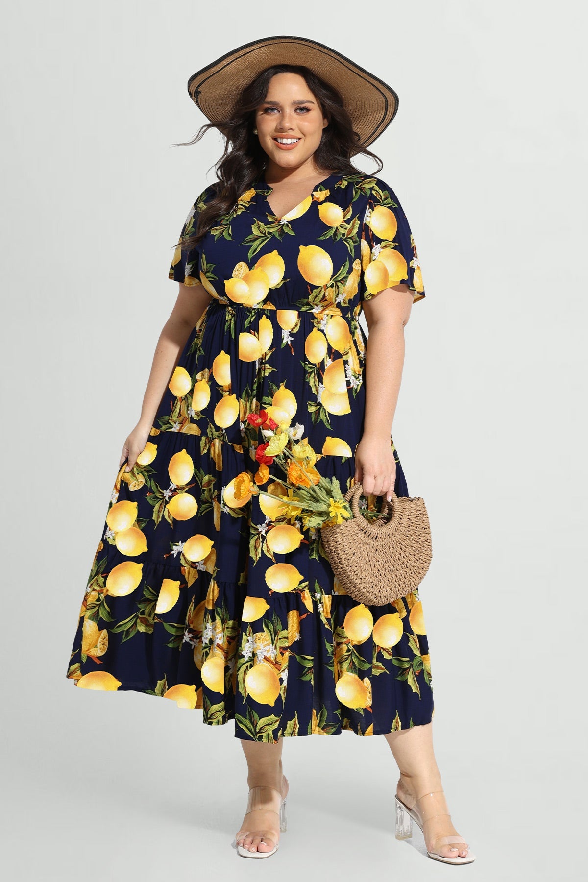 Pockets Elastic Boho Floral Midi Dress