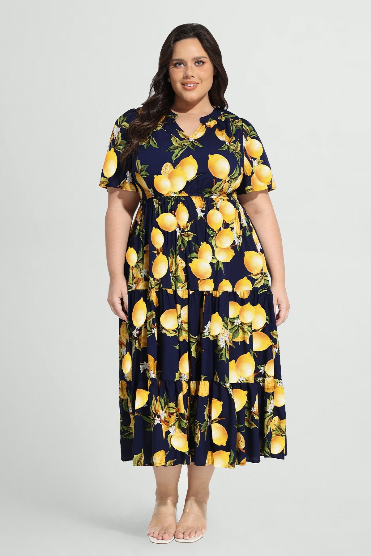 Ritera Pockets Tropical Lemon A-line Tiered Midi Dress