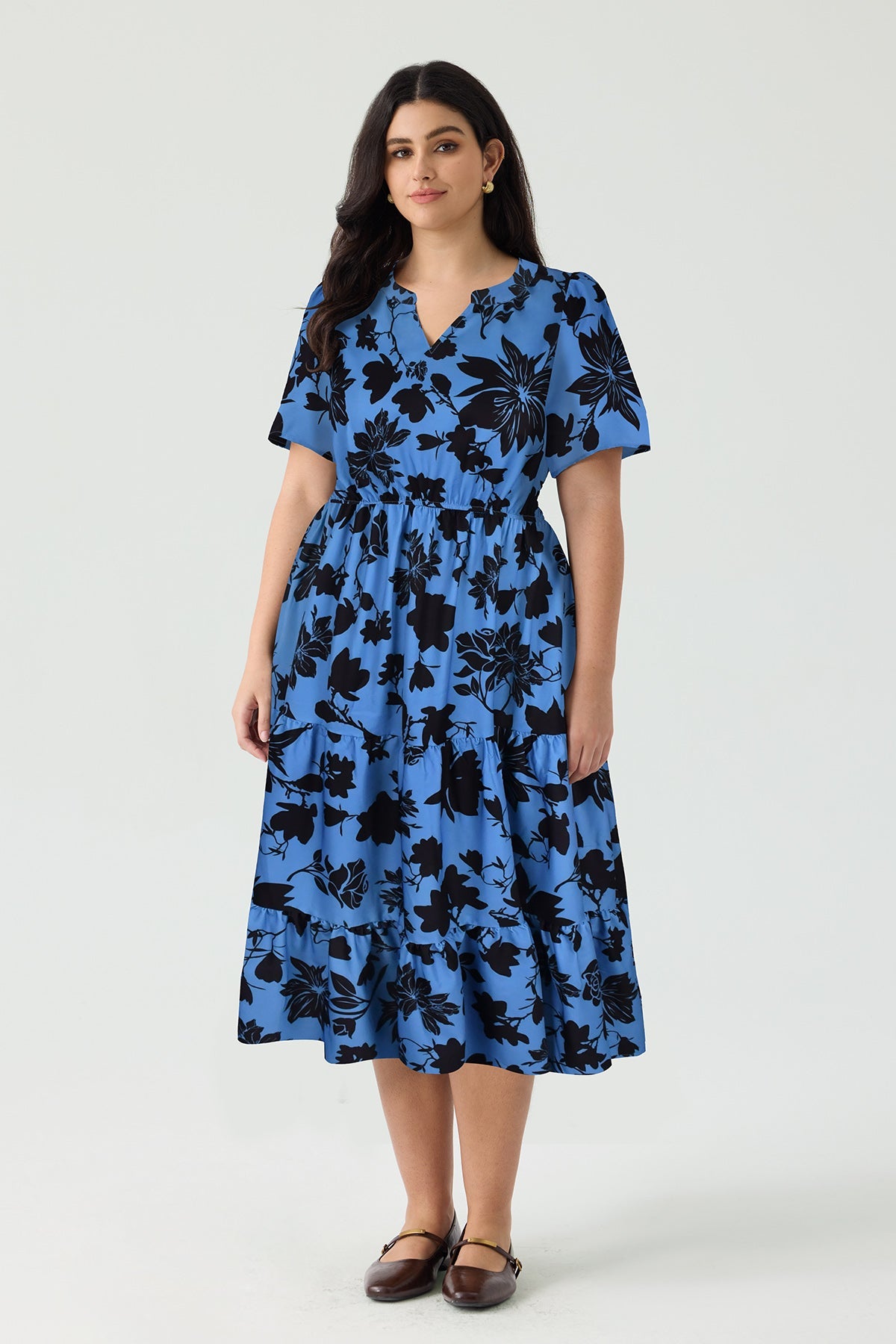 Pockets Elastic Boho Floral Midi Dress