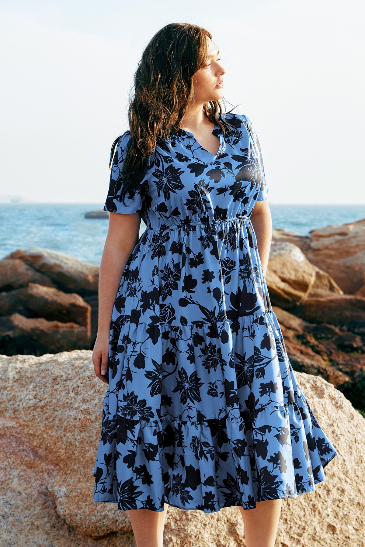 Pockets Elastic Boho Floral Midi Dress