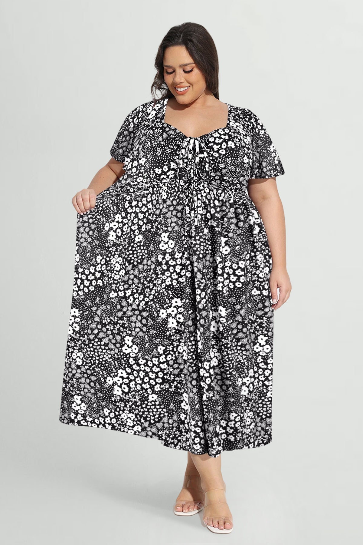 Ritera Pockets Drawstring Sweetheart Floral A-line Midi Dress