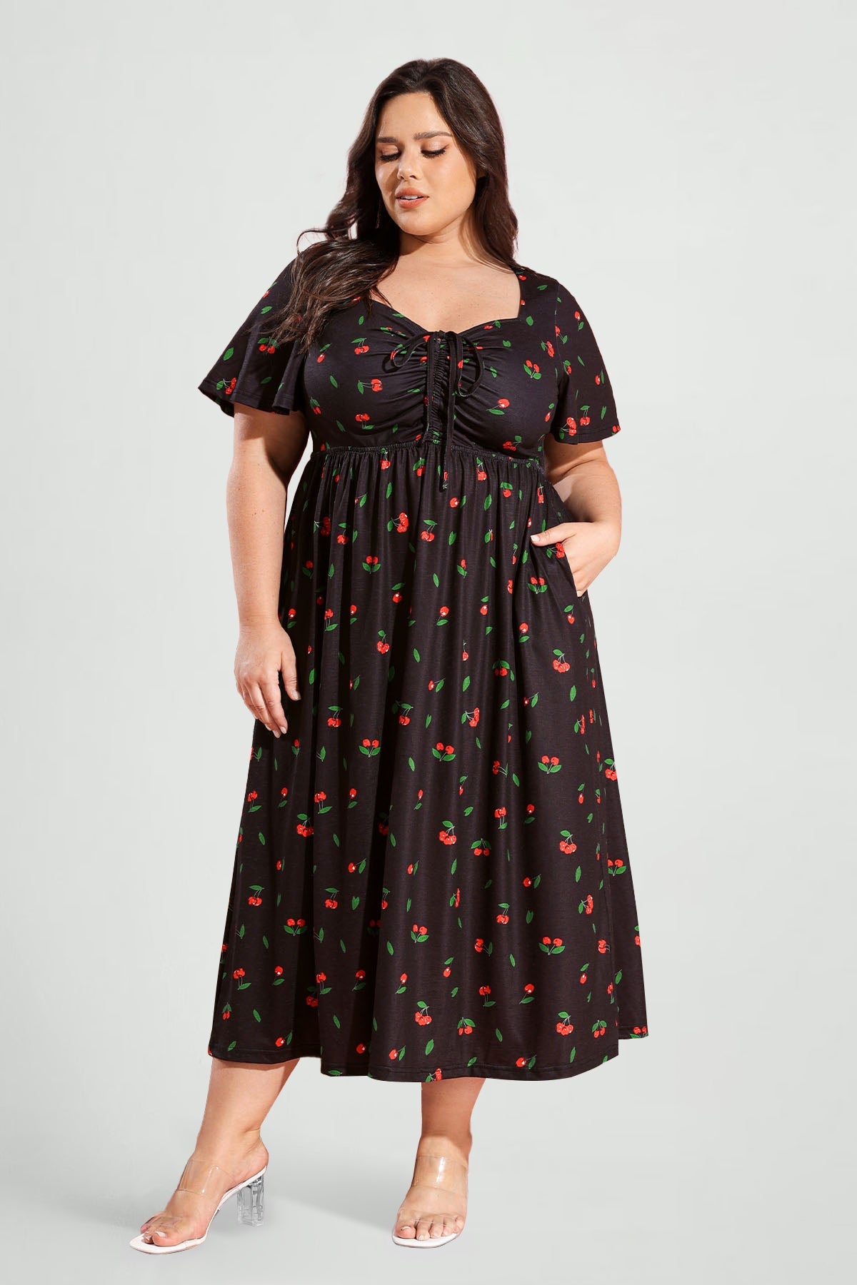 Ritera Pockets Drawstring Sweetheart Floral A-line Midi Dress