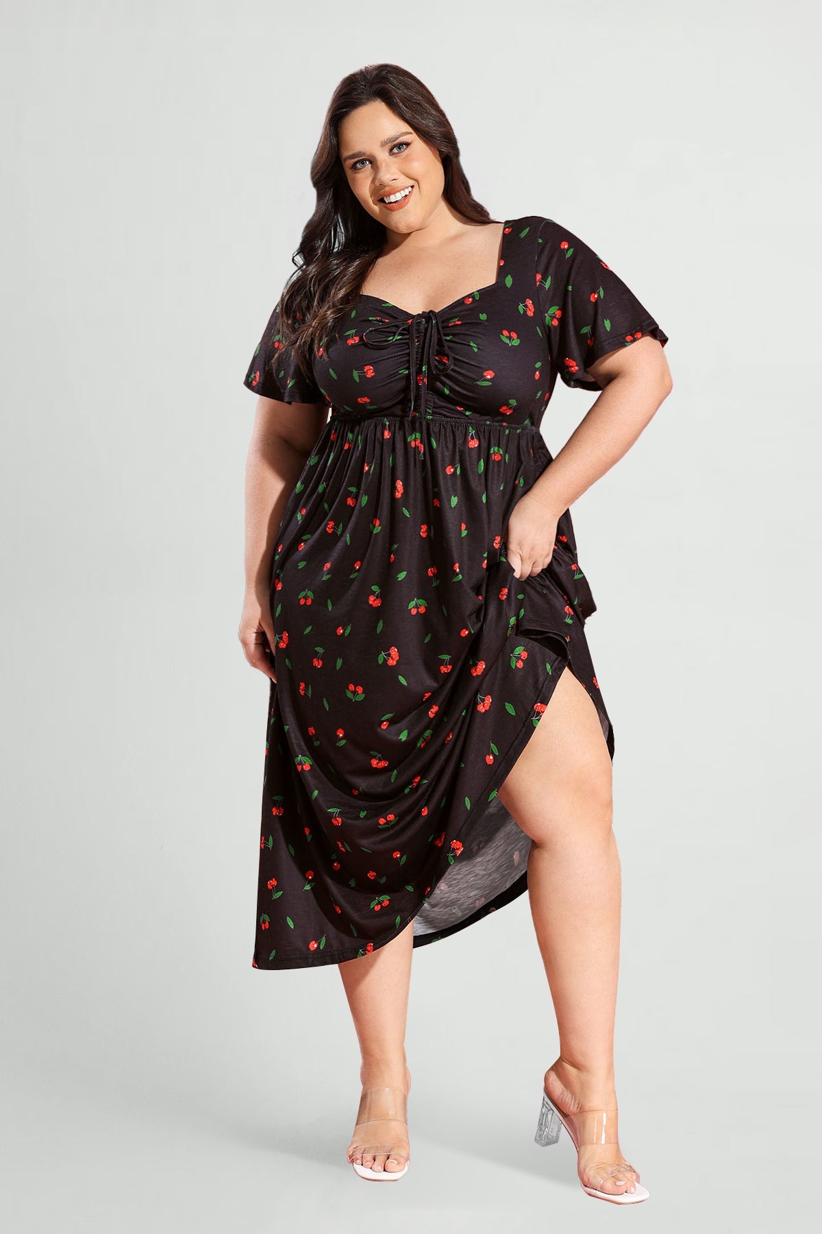 Ritera Pockets Drawstring Sweetheart Floral A-line Midi Dress