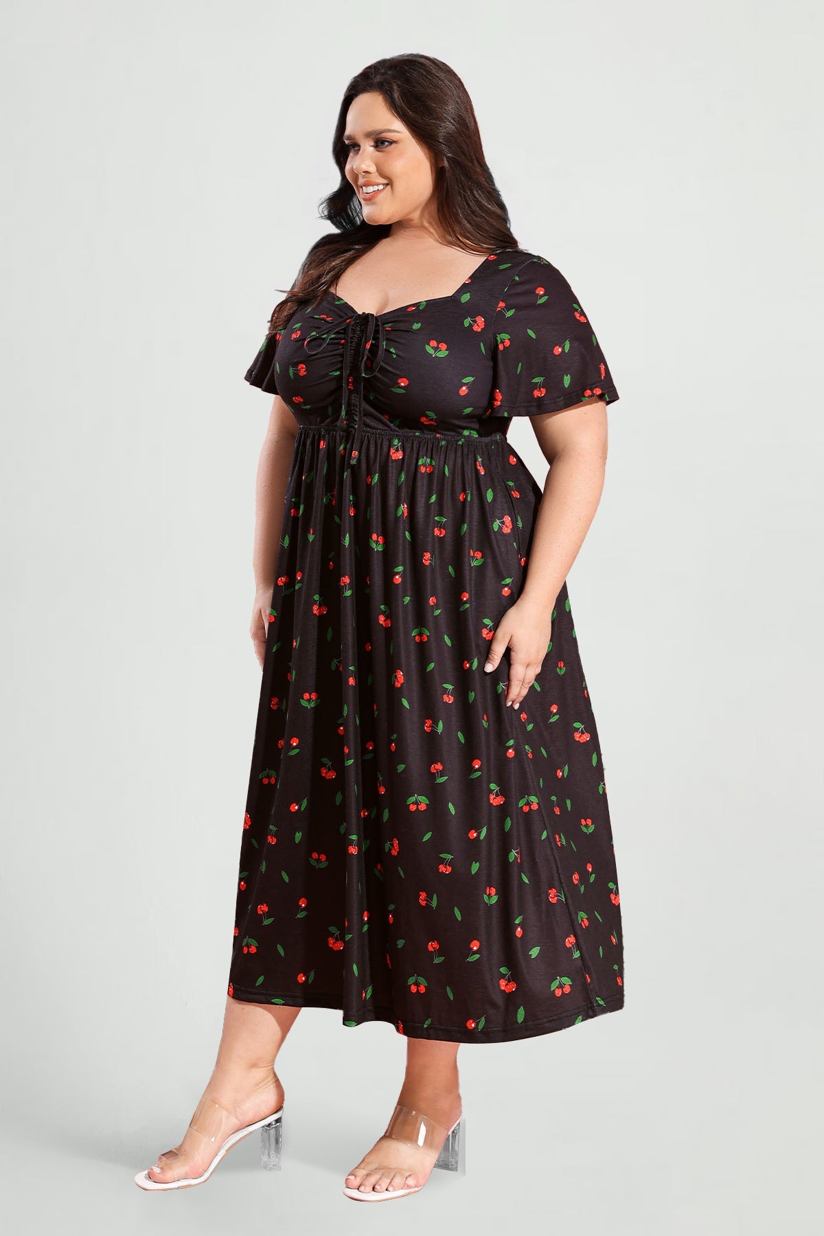 Ritera Pockets Drawstring Sweetheart Floral A-line Midi Dress
