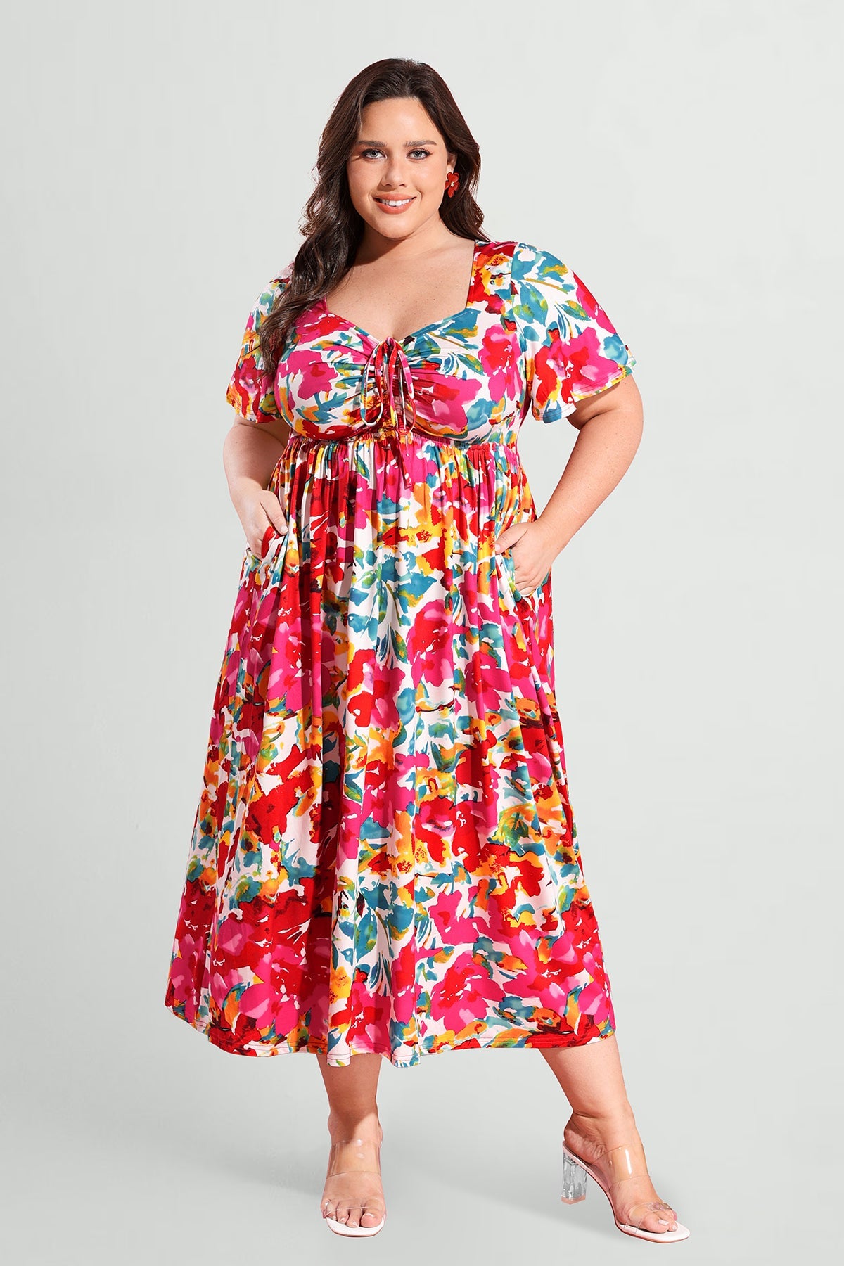 Ritera Pockets Drawstring Sweetheart Floral A-line Midi Dress