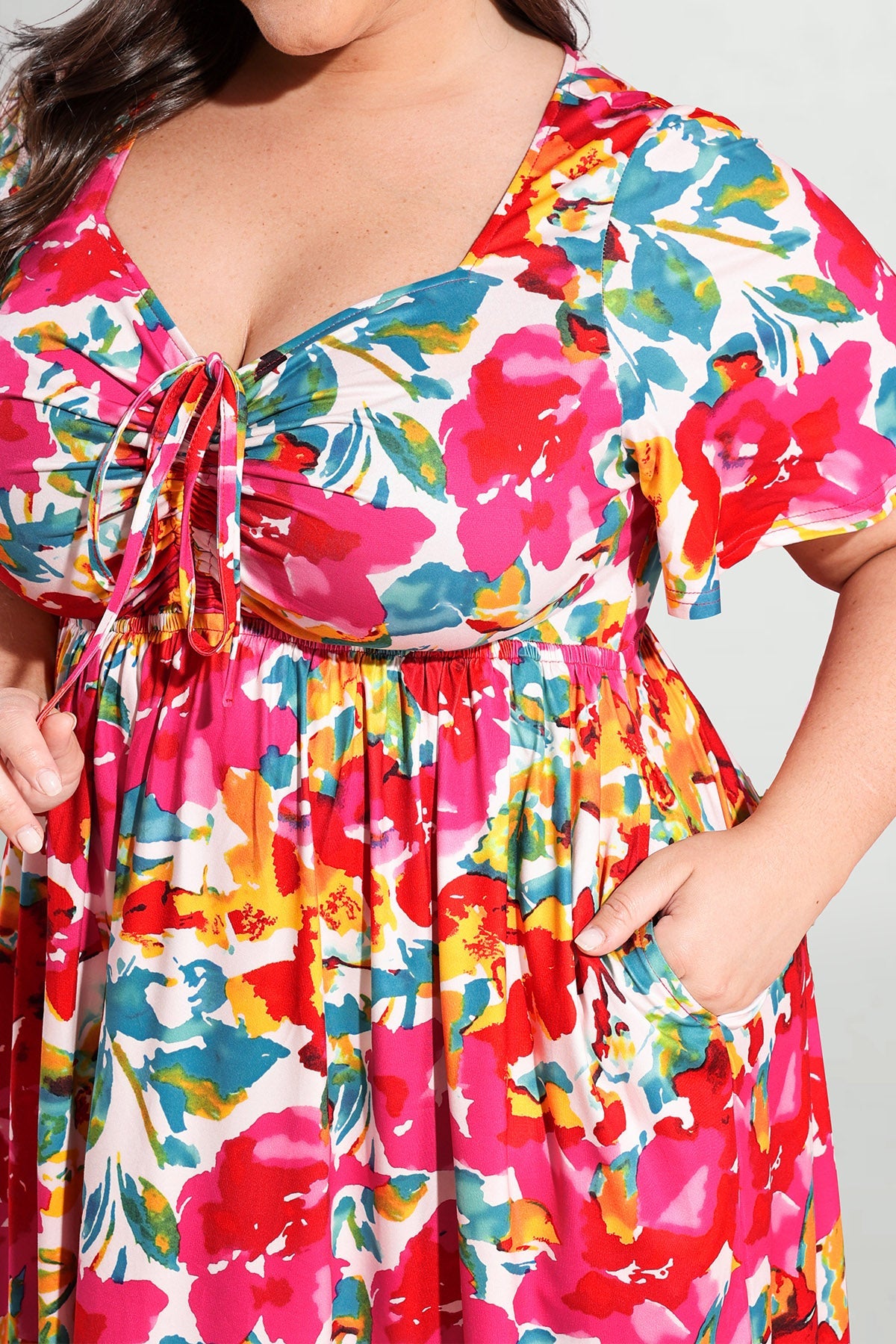 Ritera Pockets Drawstring Sweetheart Floral A-line Midi Dress