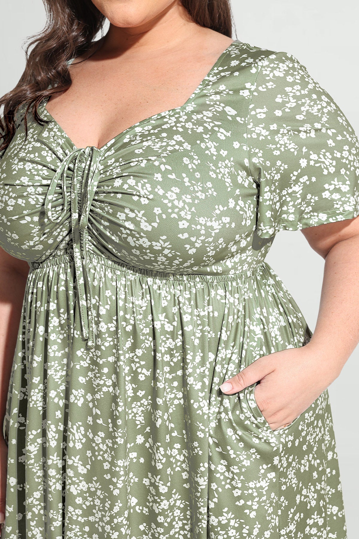 Ritera Pockets Drawstring Sweetheart Floral A-line Midi Dress