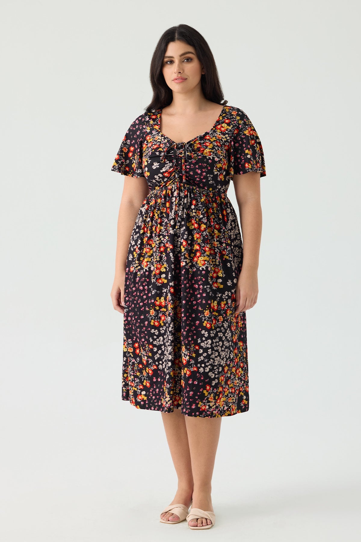 Ritera Pockets Drawstring Sweetheart Floral A-line Midi Dress