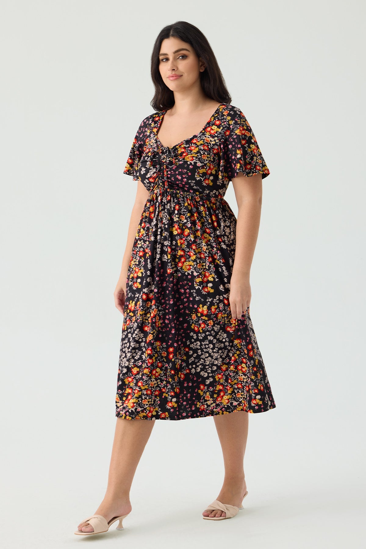 Ritera Pockets Drawstring Sweetheart Floral A-line Midi Dress