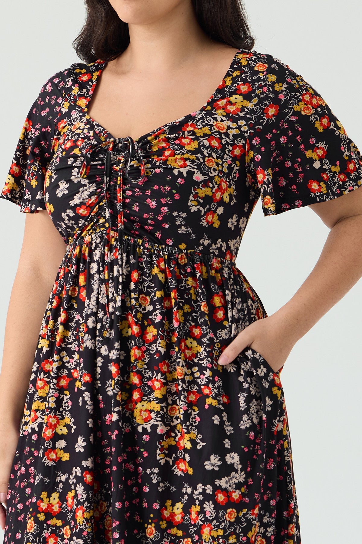 Ritera Pockets Drawstring Sweetheart Floral A-line Midi Dress