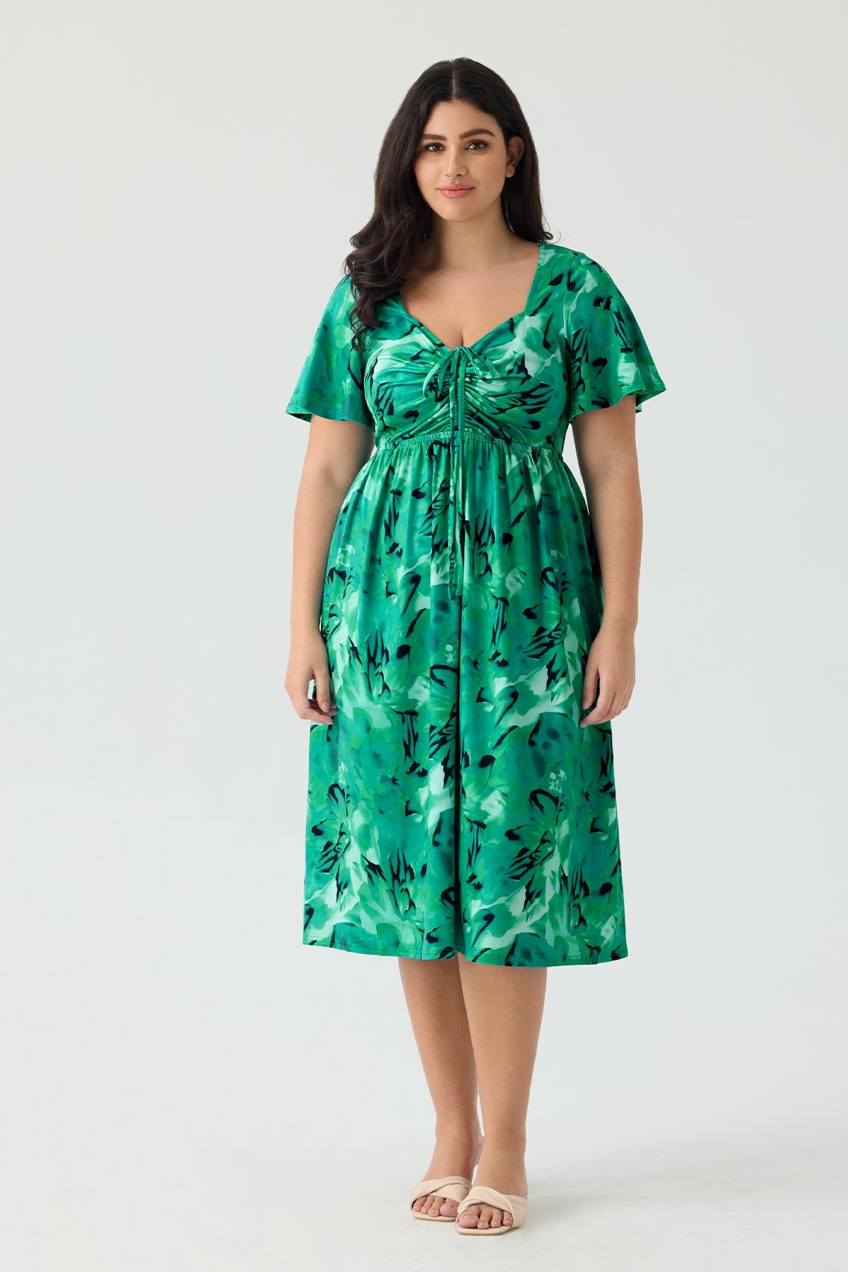 Ritera Pockets Drawstring Sweetheart Floral A-line Midi Dress