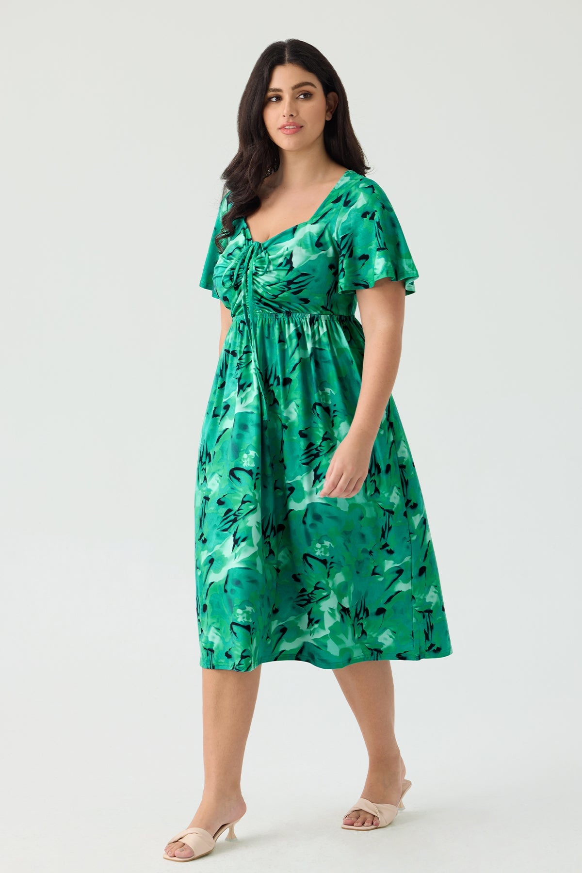 Ritera Pockets Drawstring Sweetheart Floral A-line Midi Dress
