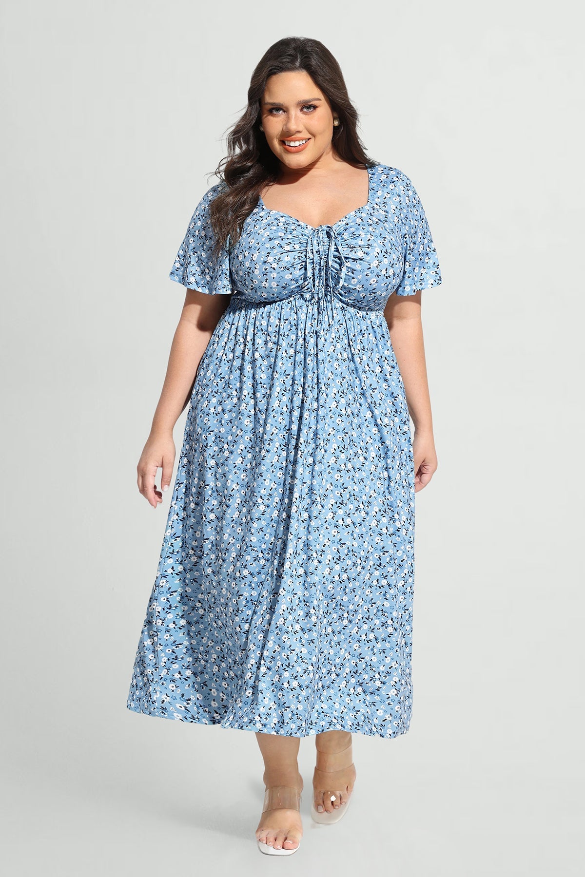 Ritera Pockets Drawstring Sweetheart Floral A-line Midi Dress