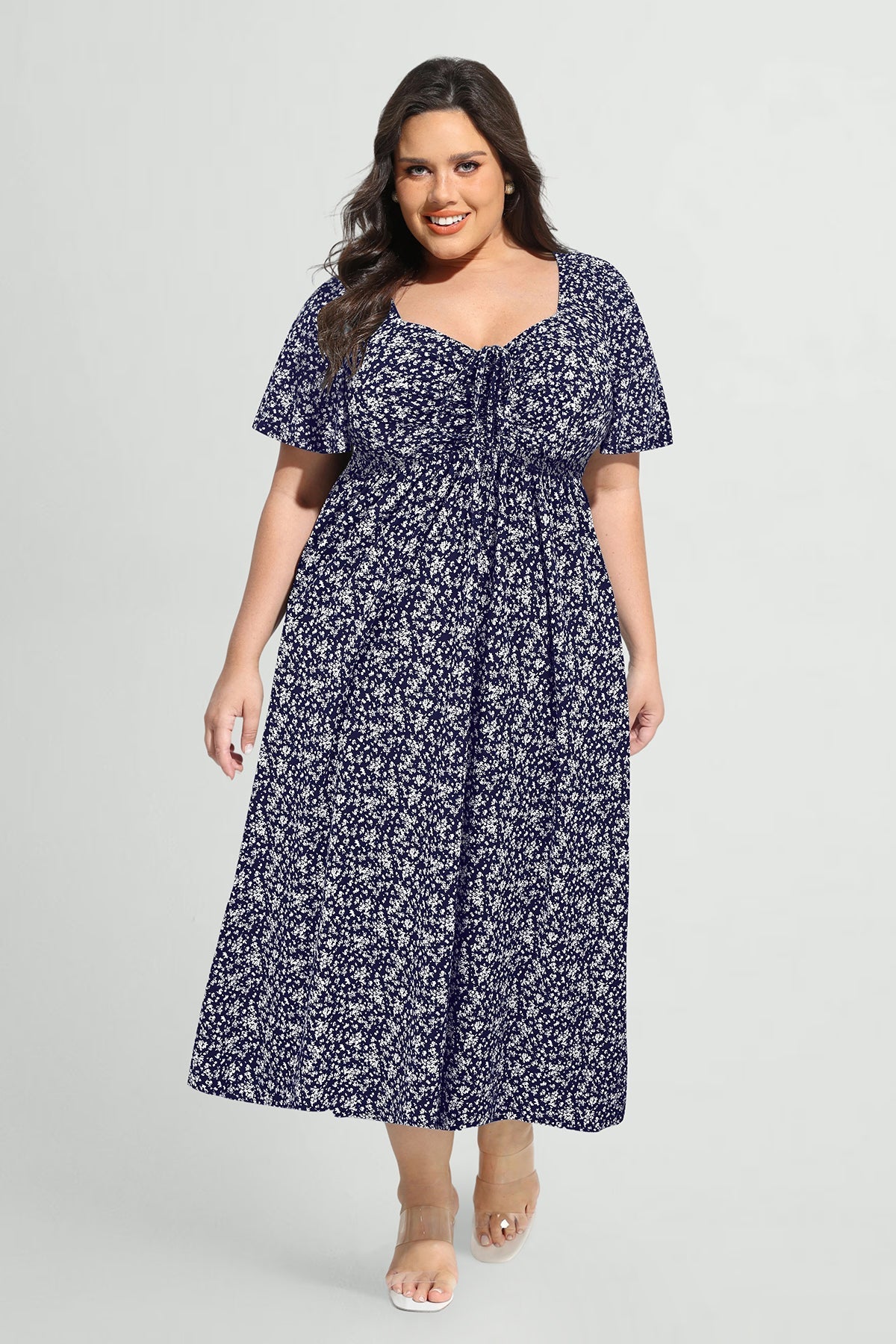 Ritera Pockets Drawstring Sweetheart Floral A-line Midi Dress