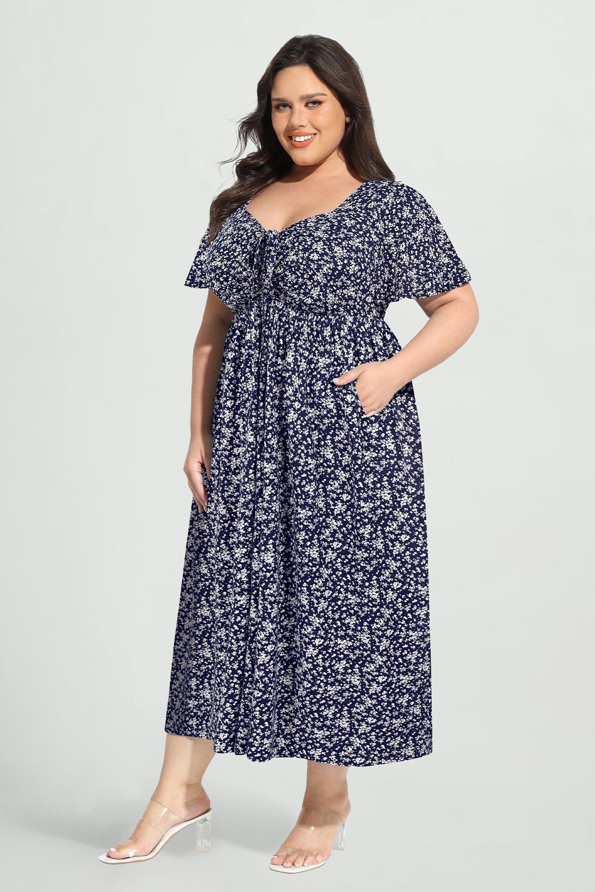 Ritera Pockets Drawstring Sweetheart Floral A-line Midi Dress