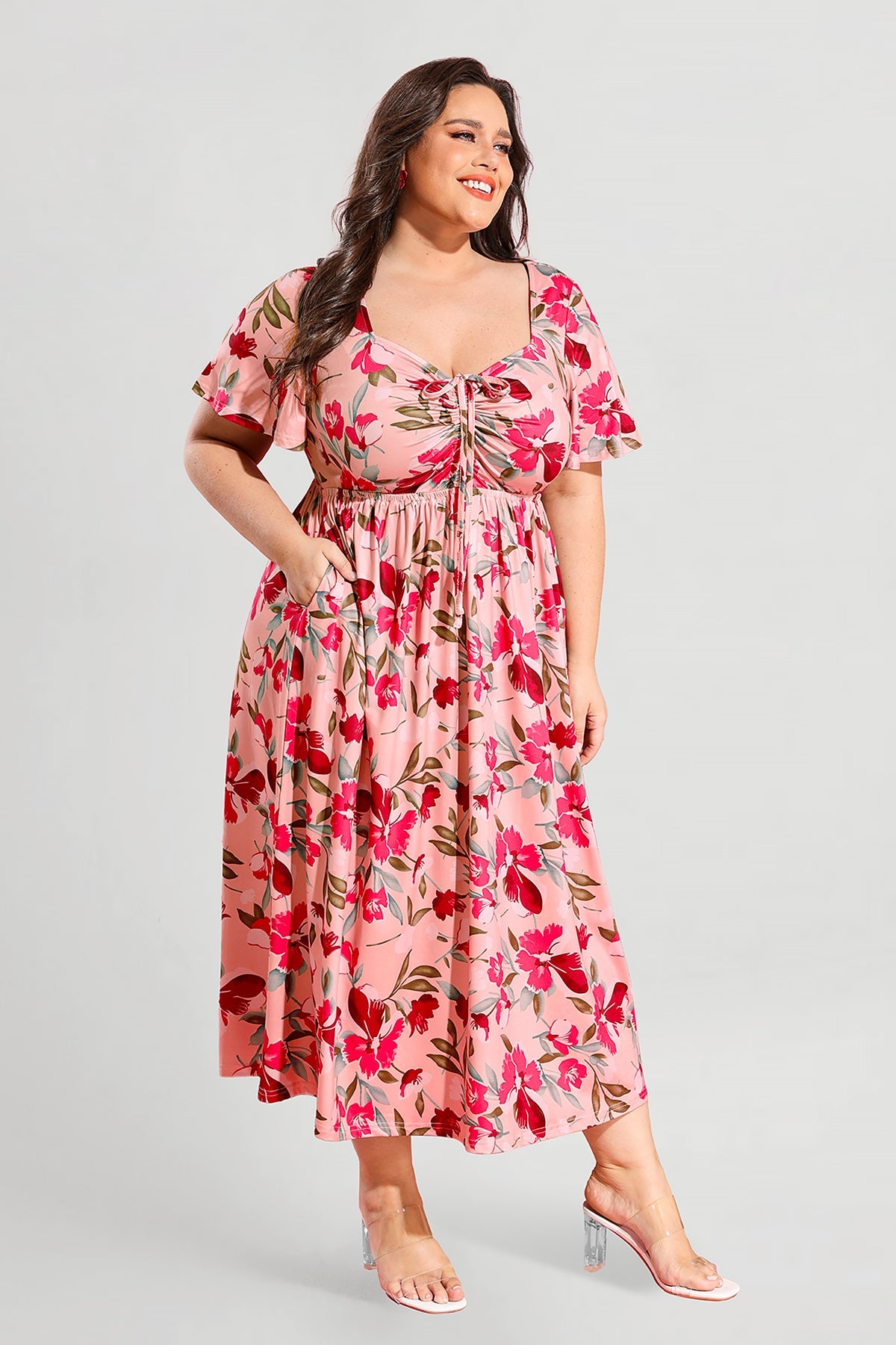 Ritera Pockets Drawstring Sweetheart Floral A-line Midi Dress
