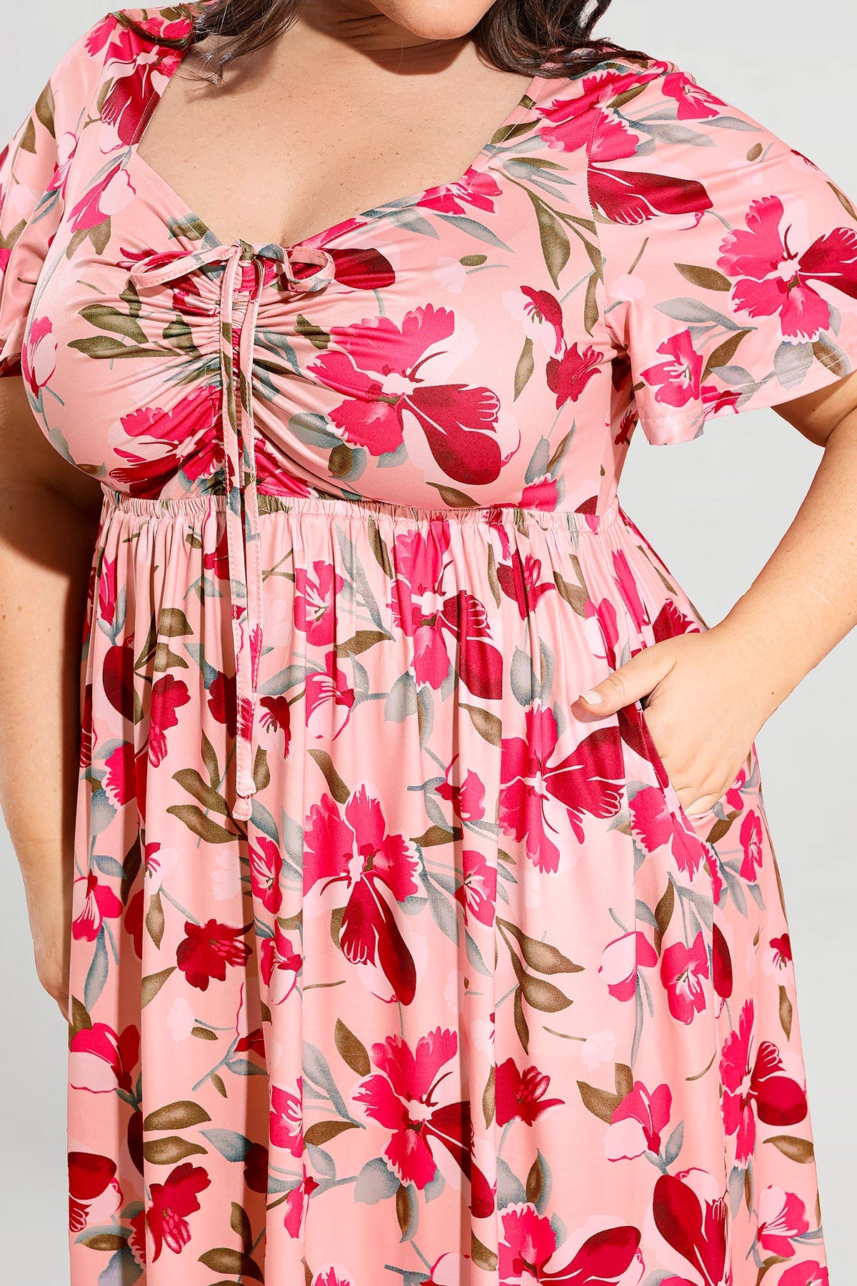 Ritera Pockets Drawstring Sweetheart Floral A-line Midi Dress