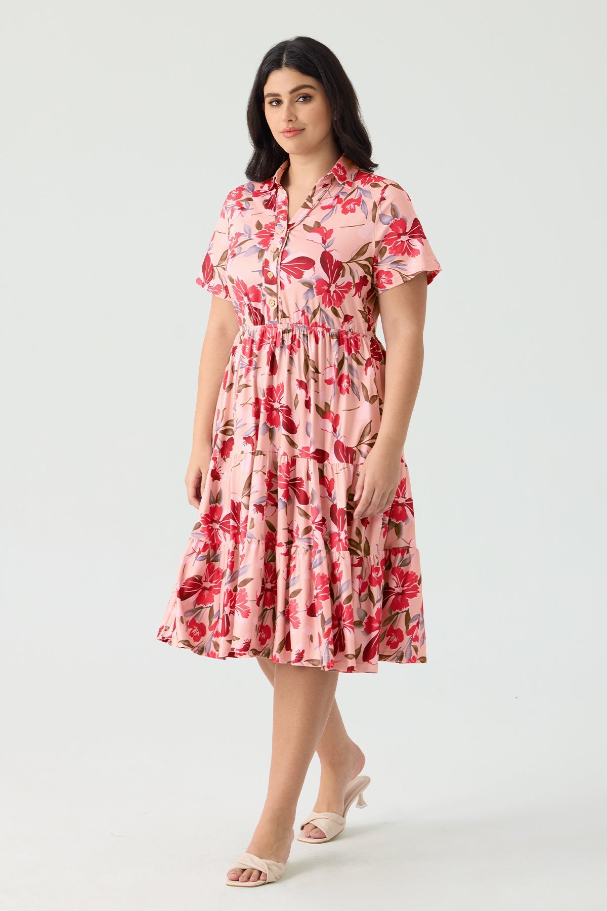 Ritera Pockets Vibrant Floral Polo Neck Tiered Midi Dress