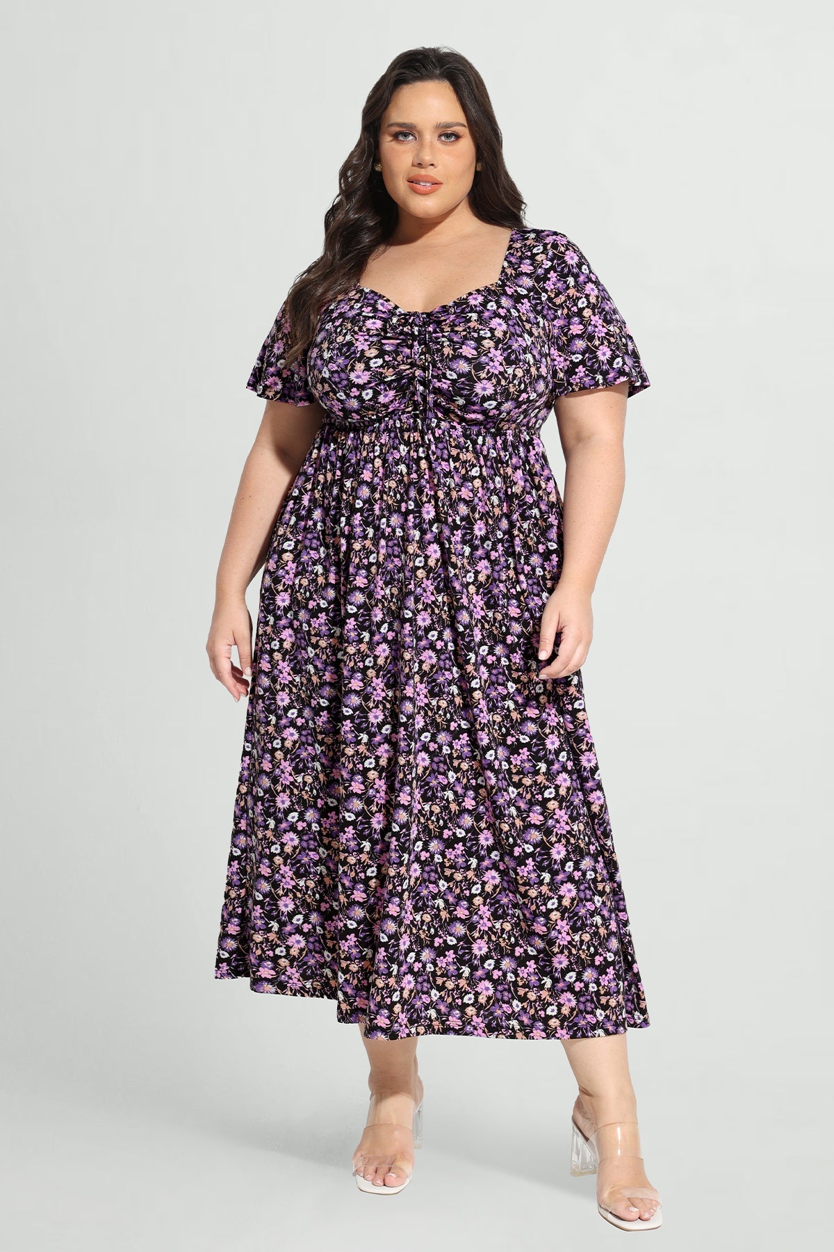 Ritera Pockets Drawstring Sweetheart Floral A-line Midi Dress
