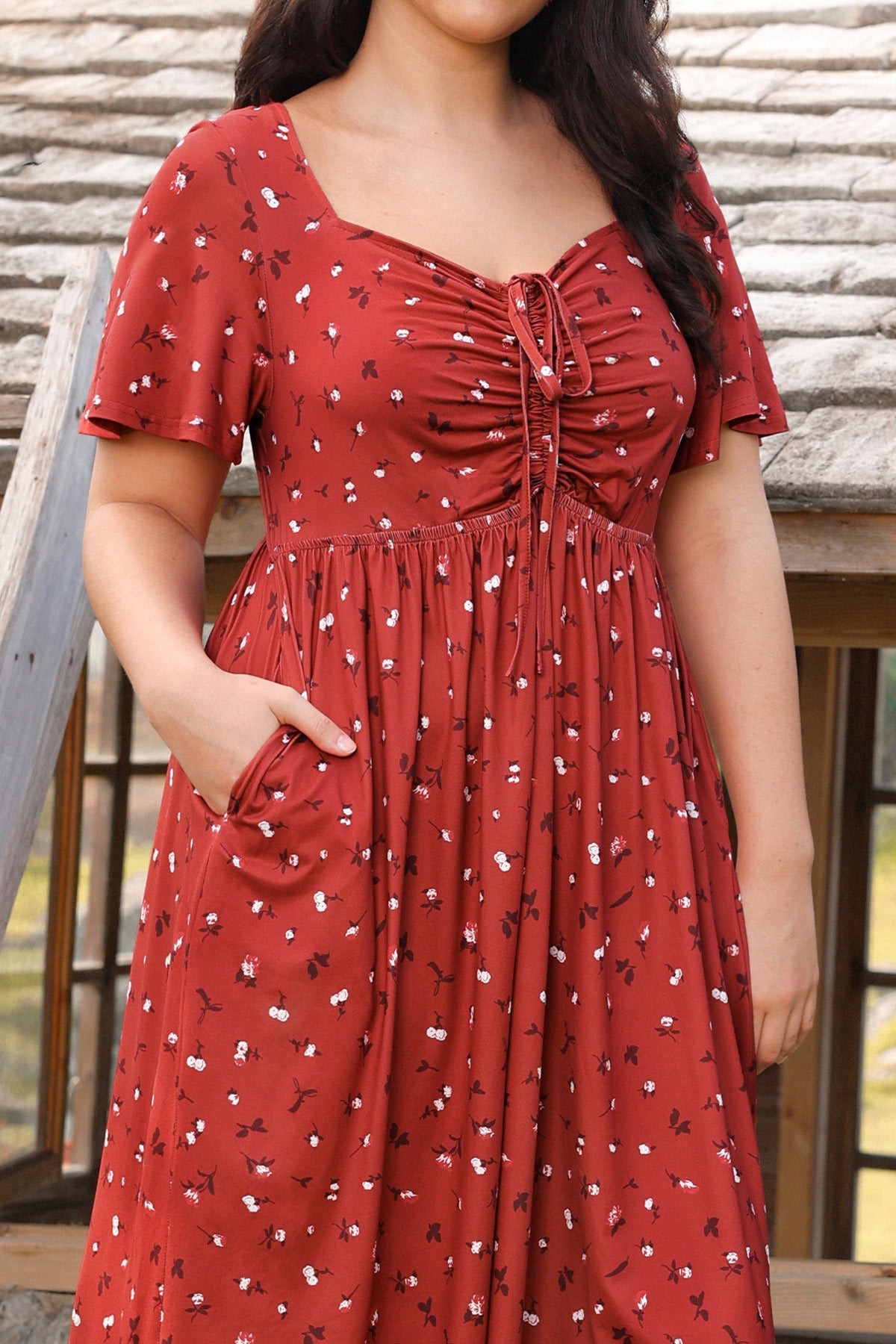 Ritera Pockets Drawstring Sweetheart Floral A-line Midi Dress