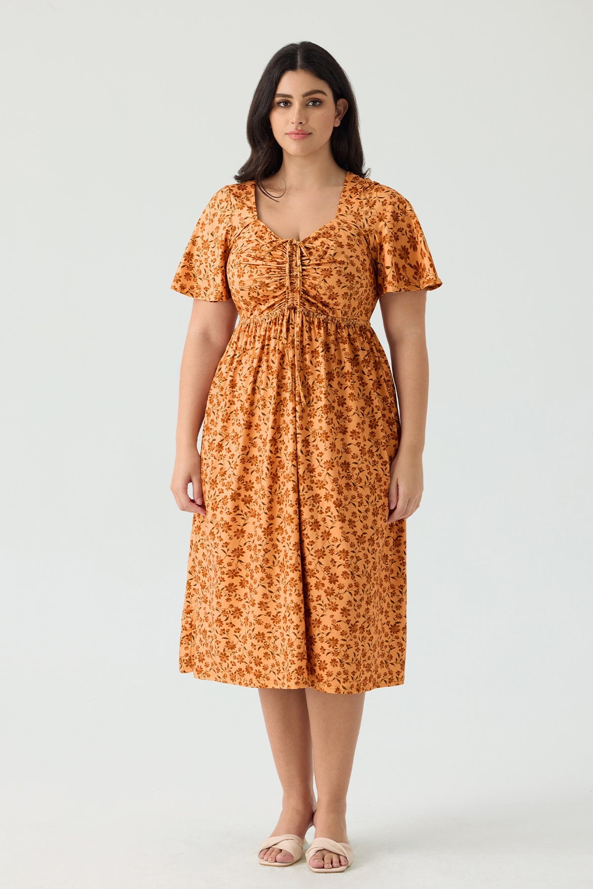 Ritera Pockets Drawstring Sweetheart Floral A-line Midi Dress