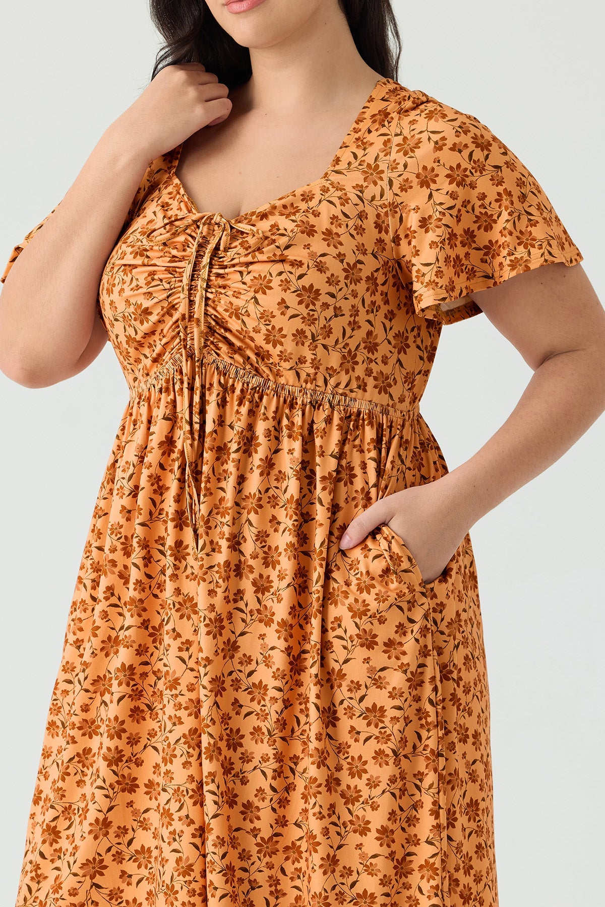 Ritera Pockets Drawstring Sweetheart Floral A-line Midi Dress