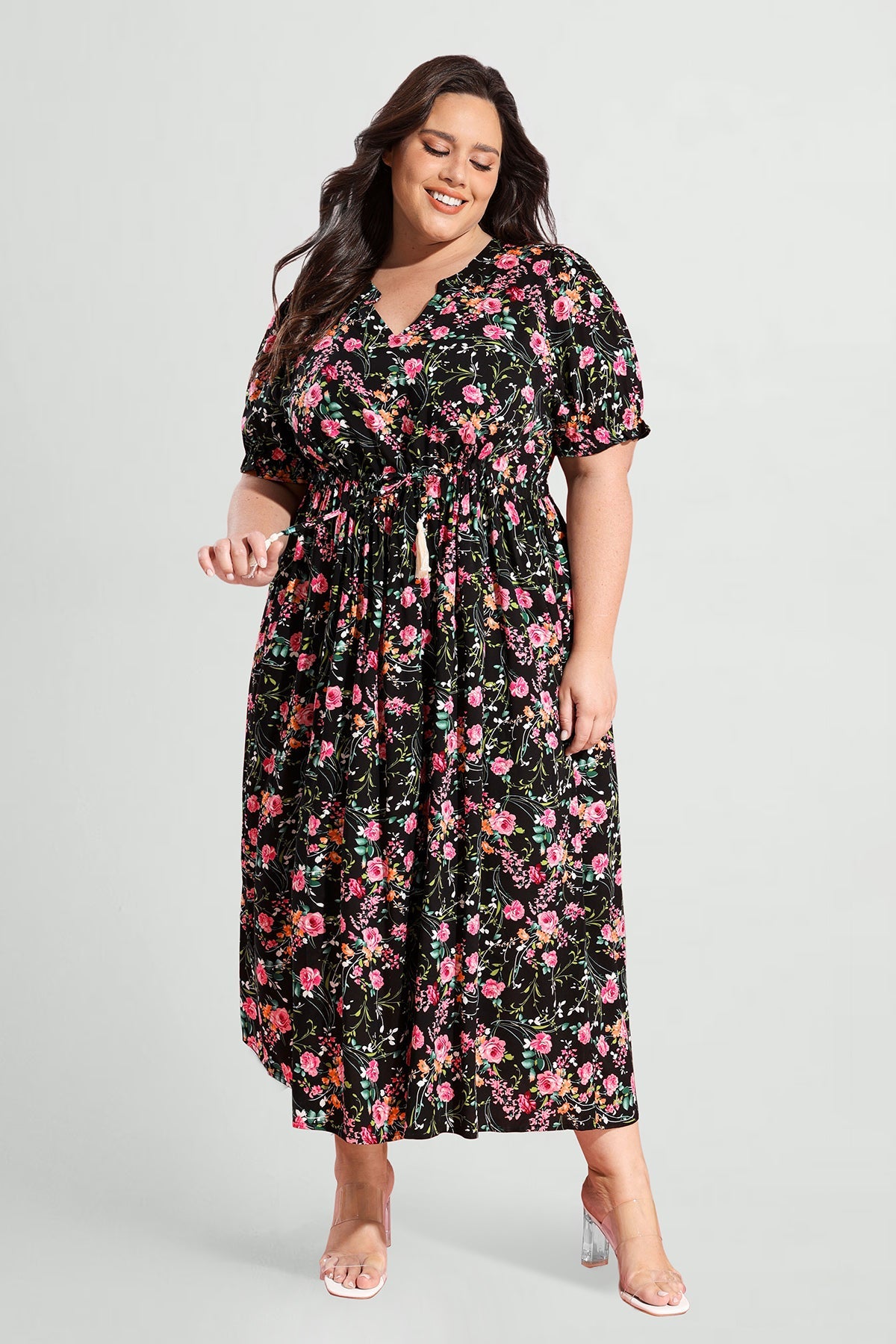 Pockets Elastic Waist Boho Midi Dress