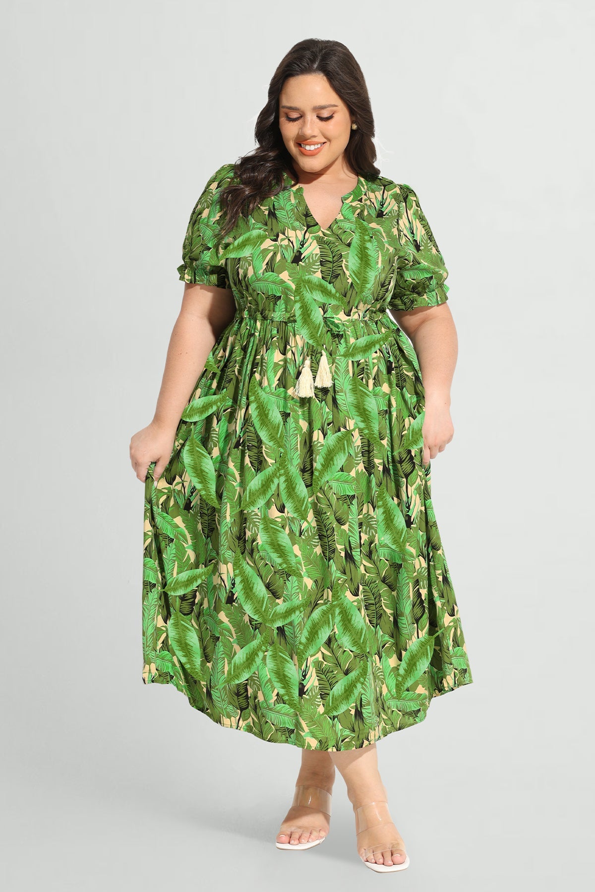 Pockets Elastic Waist Boho Midi Dress