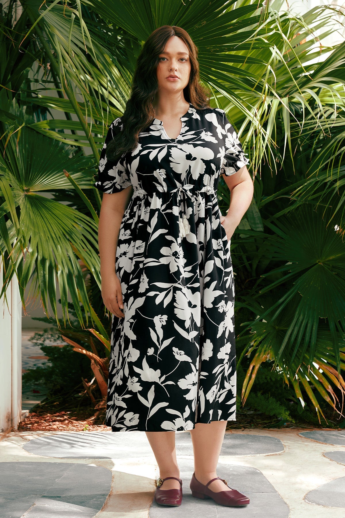 Pockets Elastic Waist Boho Midi Dress