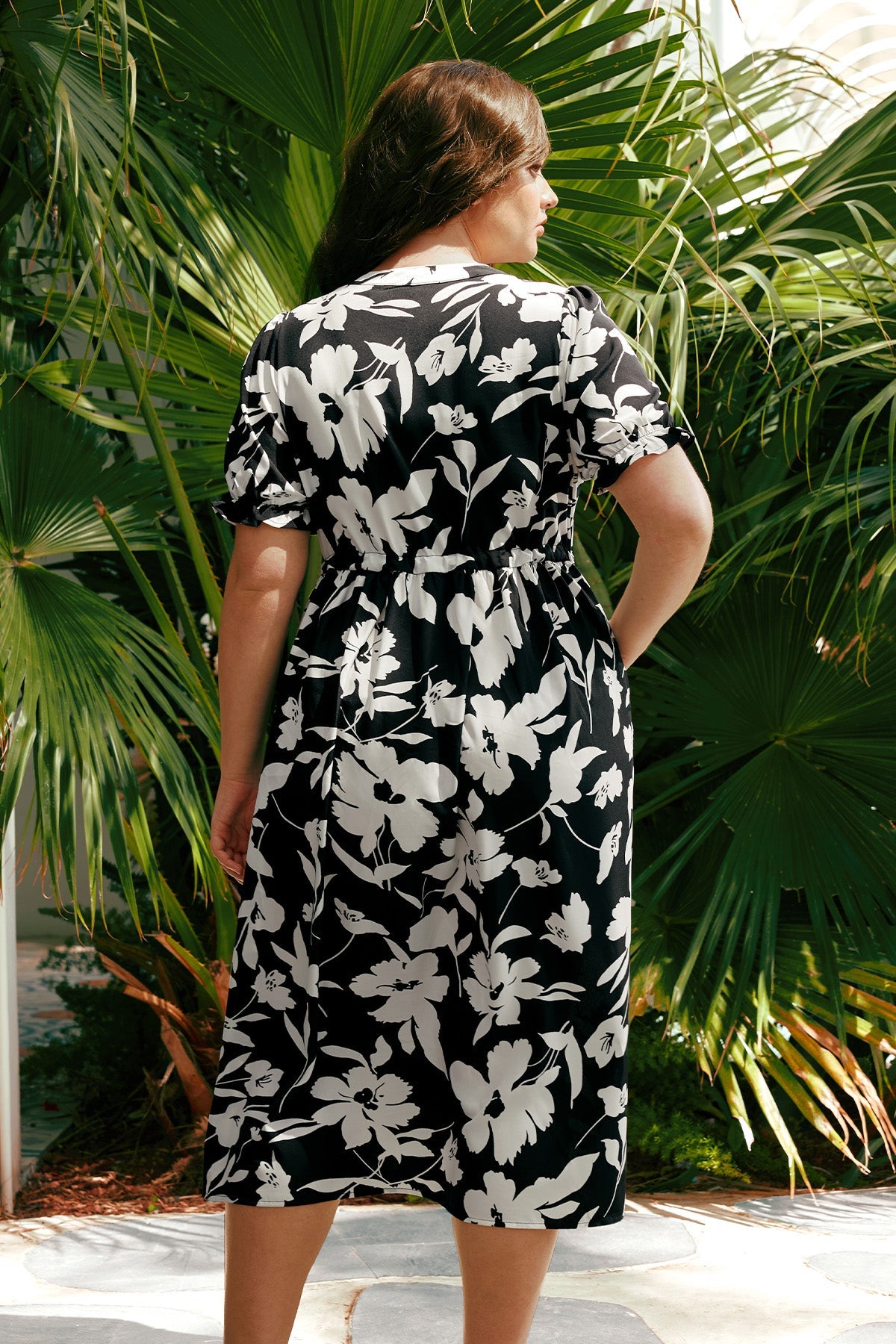 Pockets Elastic Waist Boho Midi Dress