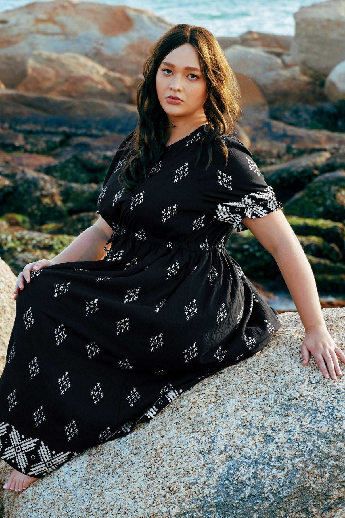 Pockets Elastic Waist Boho Midi Dress