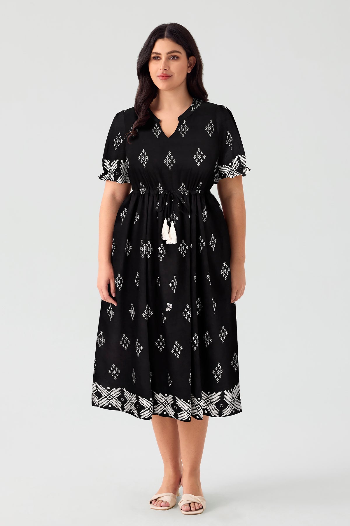 Ritera Pockets Boho Drawstring Tassel Waist A-line Midi Dress