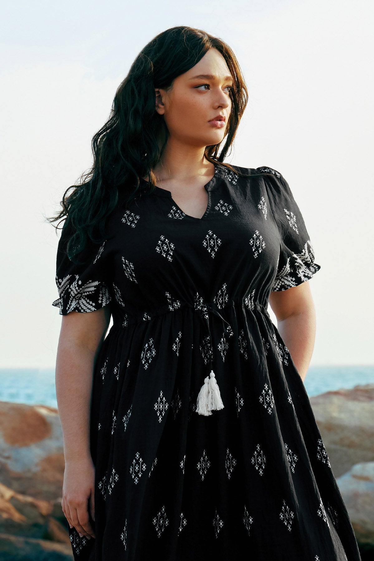 Pockets Elastic Waist Boho Midi Dress