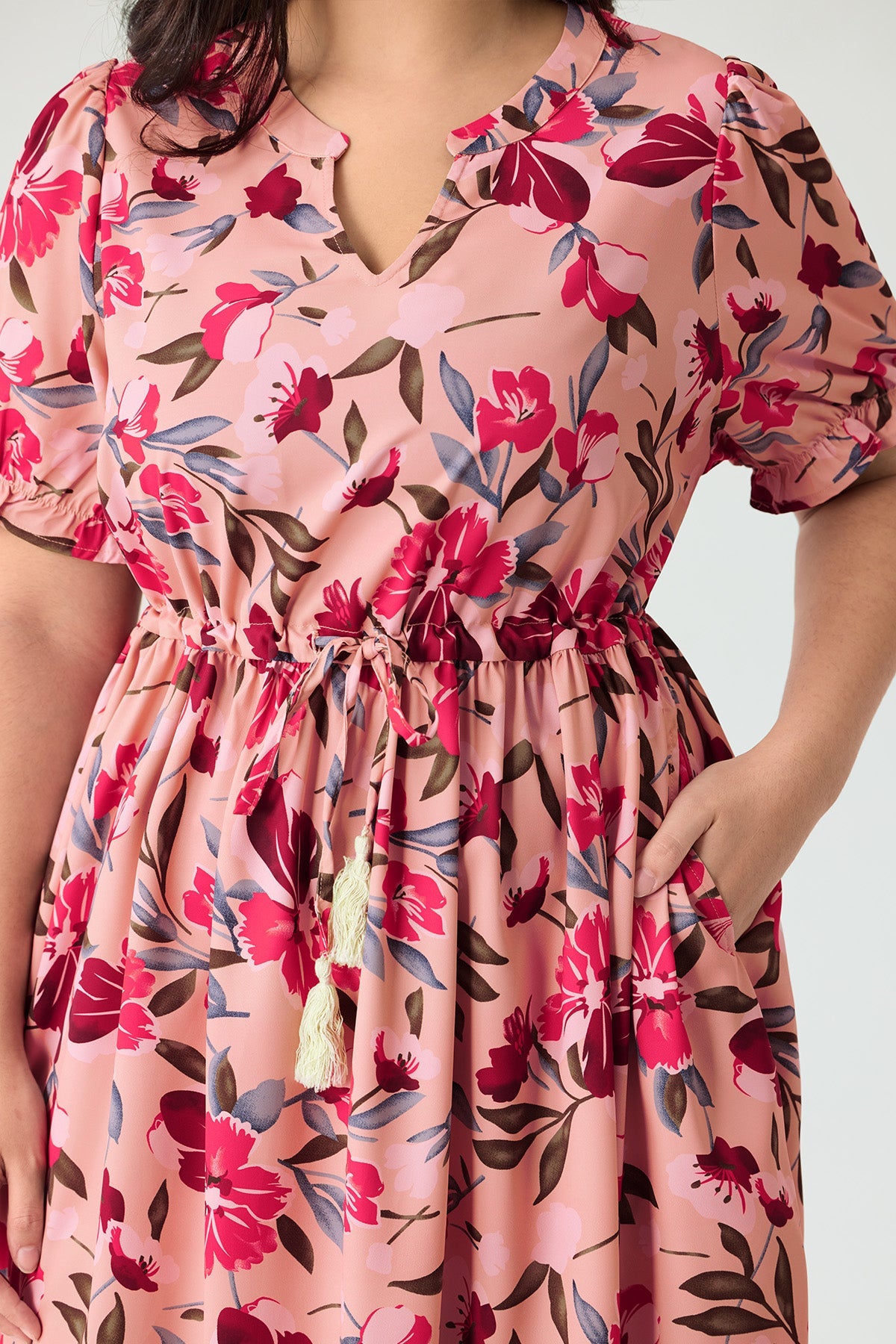 Pockets Elastic Waist Boho Midi Dress