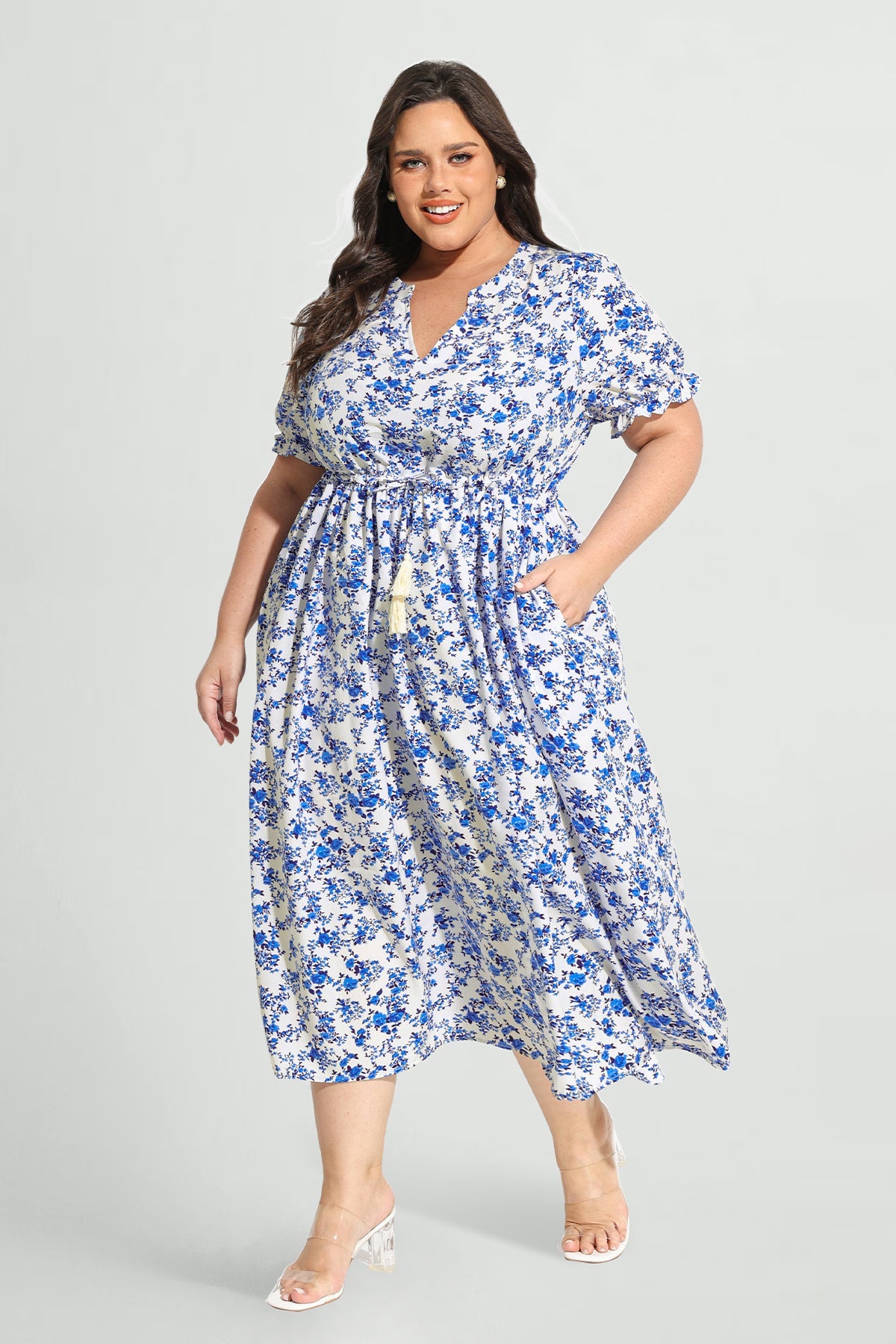 Pockets Elastic Waist Boho Midi Dress