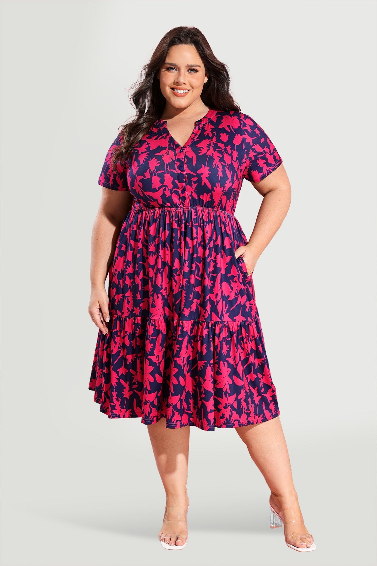 Ritera Pockets Button Up Floral A-line Midi Dress