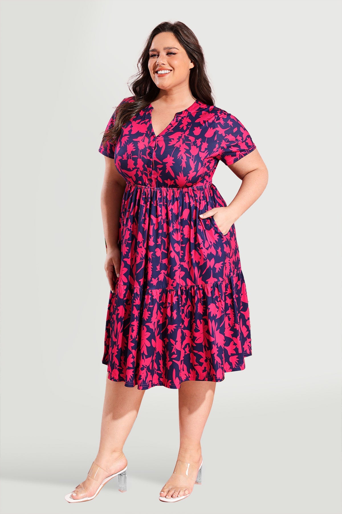 Ritera Pockets Button Up Floral A-line Midi Dress