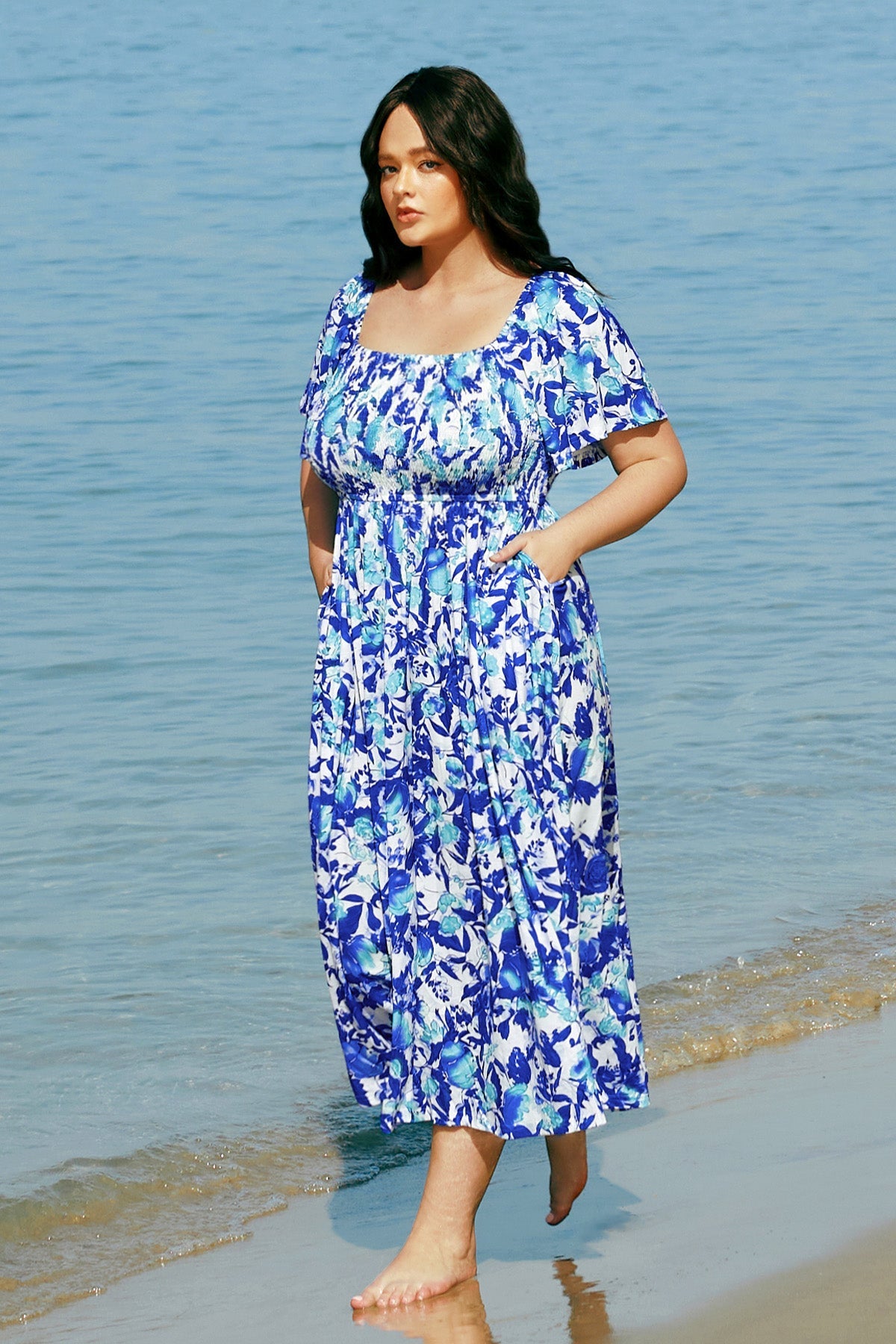 Pockets Elastic Square Neck Floral Midi Dress