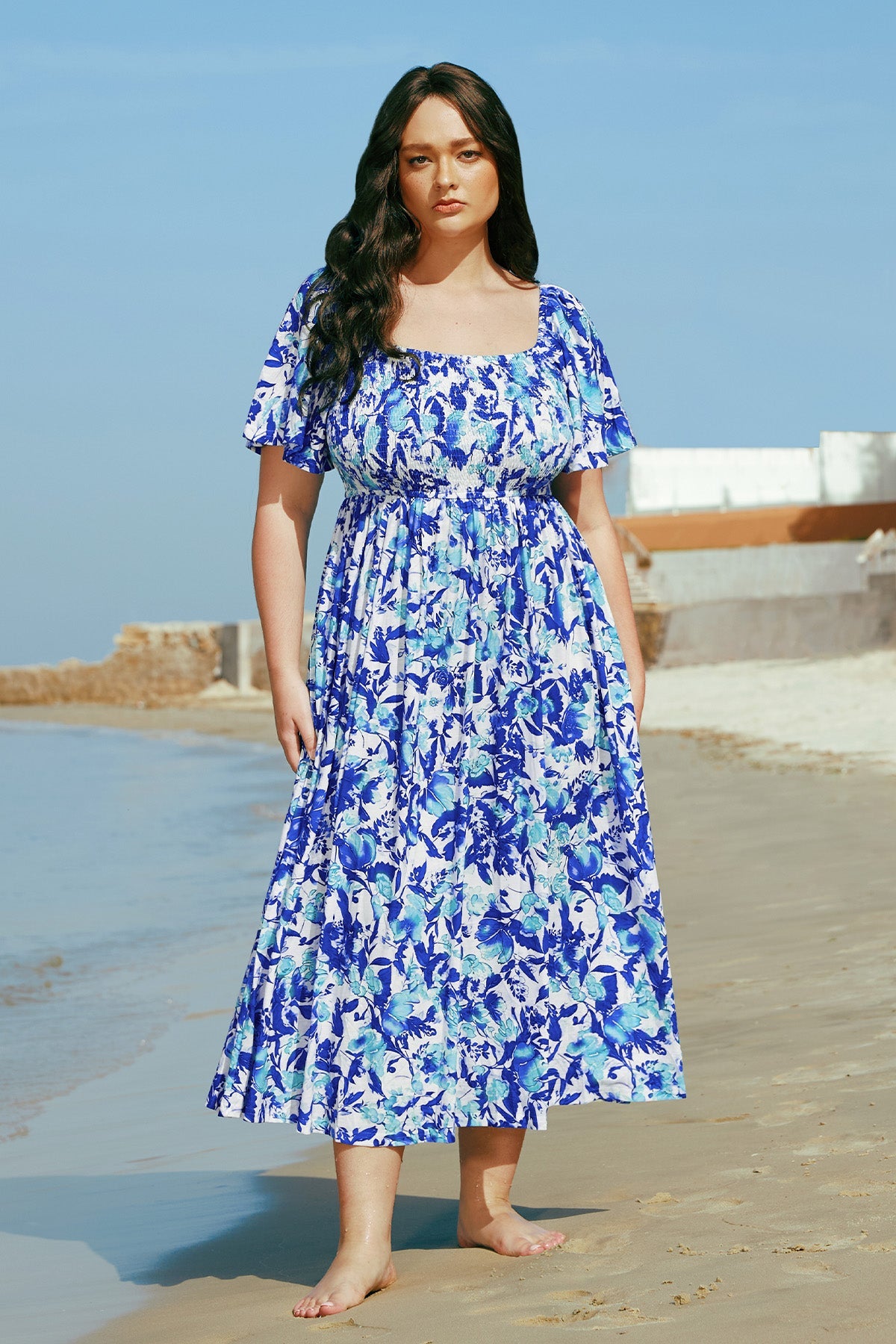 Pockets Elastic Square Neck Floral Midi Dress