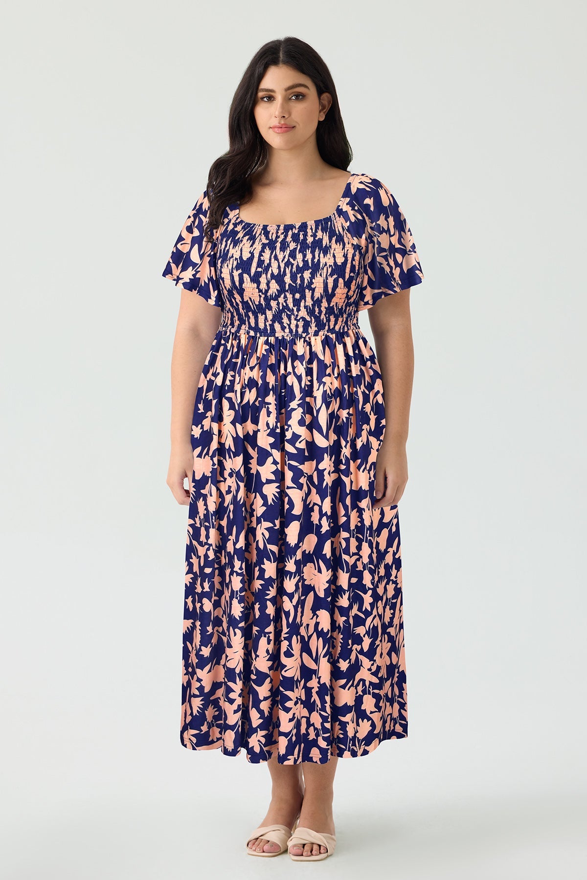 Pockets Elastic Square Neck Floral Midi Dress